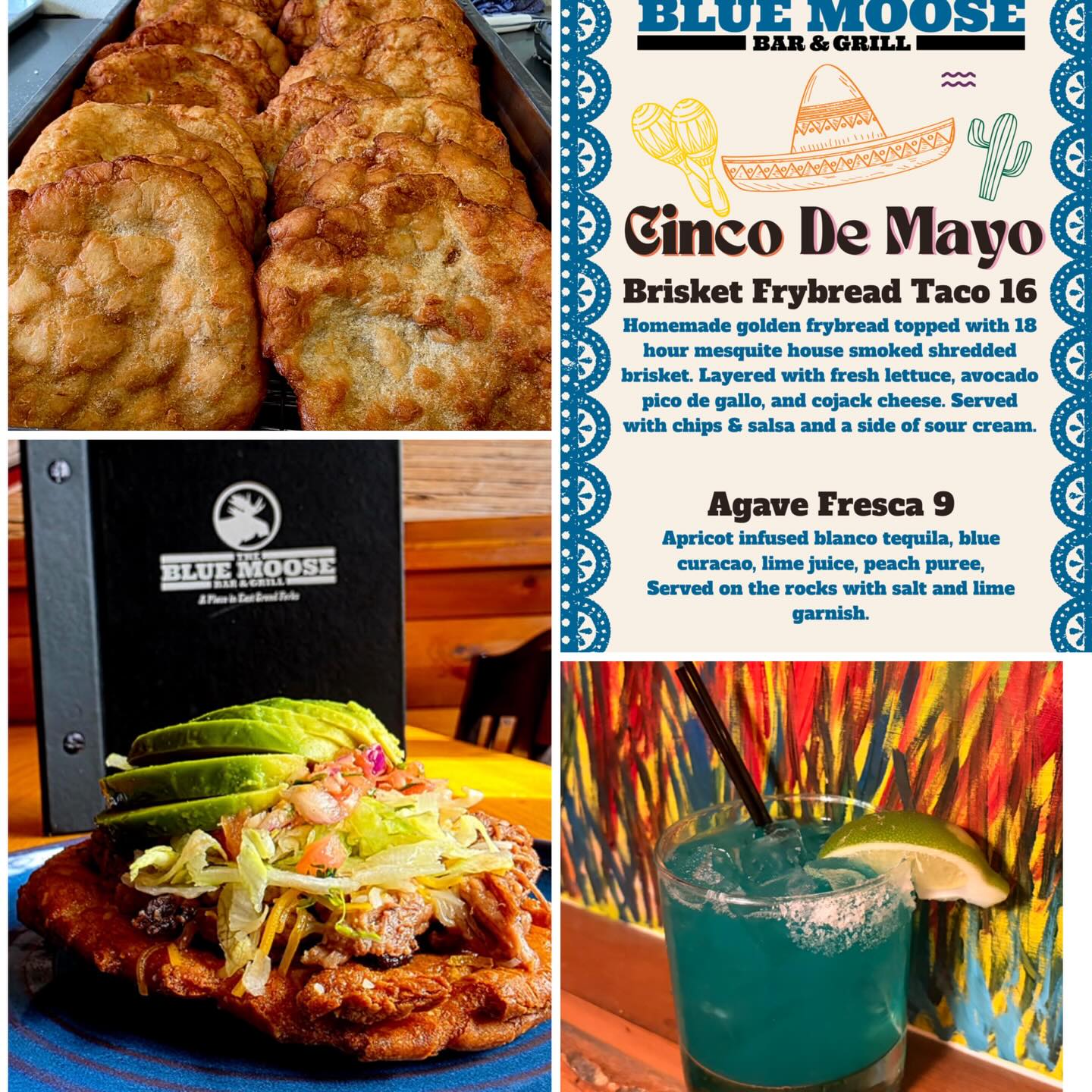 Cinco De Mayo at the Moose 🇲🇽🔥
We’re bringing a little South Texas heat up to Northern Minnesota 🌵
Our Brisket Frybread Taco is the real deal—house frybread loaded with brisket we smoked low & slow for 15 hours, stacked with fresh toppings and all the flavor to back it up.
Meet your new go-to: the Agave Fresca 🍹
Apricot infused blanco tequila, blue curaçao, lime juice, and peach purée—served on the rocks with a salted rim and fresh lime. Smooth, citrusy, and dangerously easy to drink.
Good food, strong drinks, and a vibe you don’t want to miss. Let’s celebrate the right way—see you at the Moose 💙
#bluemoose #cincodemayo #restaurant
