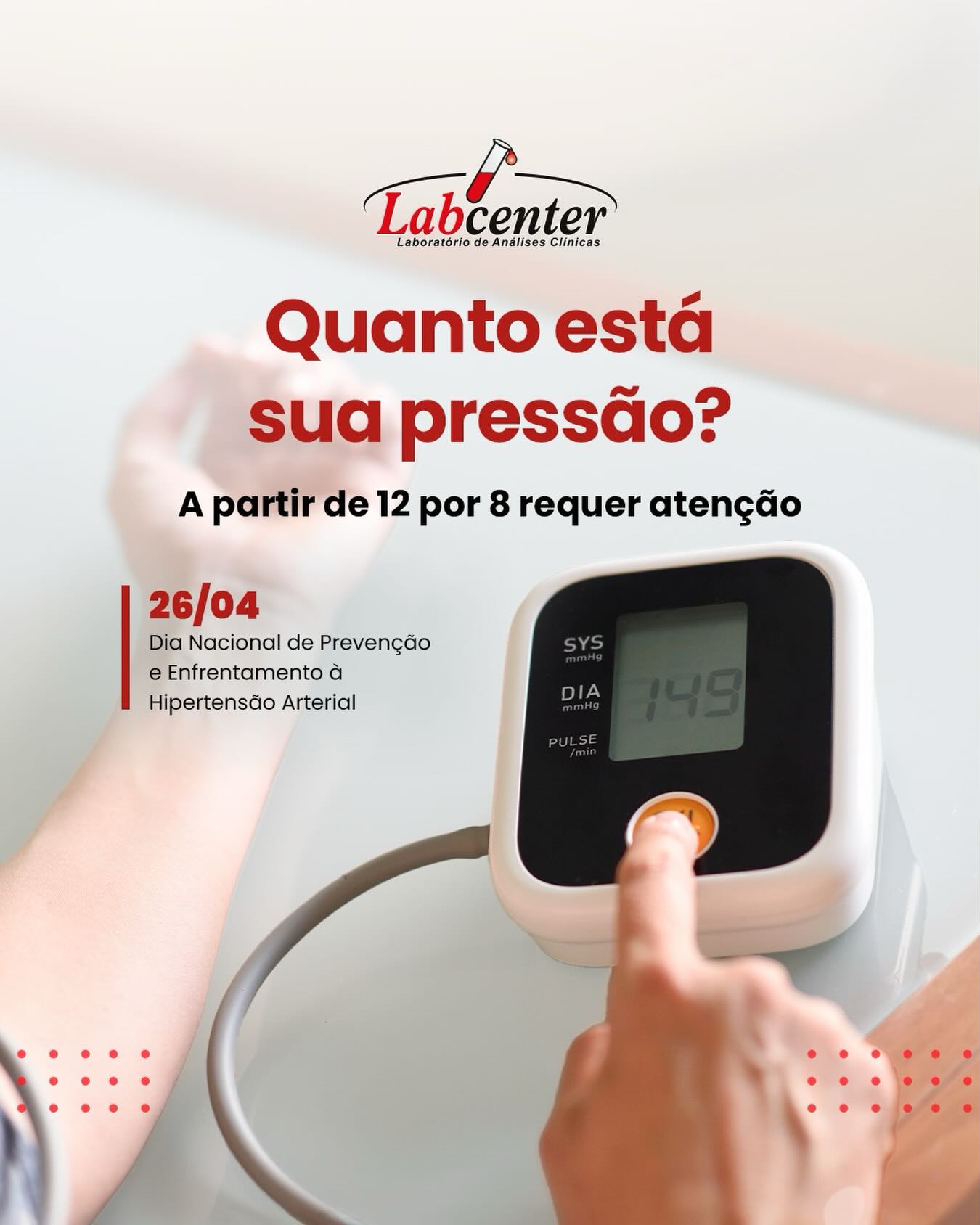 💓 A hipertensão é caracterizada pela pressão arterial a partir de 13/8 mmHg. Mas números desde 12/8 já são considerados pré-hipertensão e precisam de monitoramento, pois podem ser revertidos mais facilmente.
O acompanhamento não deve se basear apenas em medições pontuais. Avaliações mais completas, permitem observar o comportamento da pressão ao longo do dia e em diferentes situações.
Esses métodos ajudam a identificar padrões como o efeito do avental branco, quando a pressão aumenta apenas em serviços de saúde.
Para solicitar mais informações, orçamentos ou agendar sua coleta domiciliar, entre em contato com nossa central de atendimento:
🔬Laboratório Labcenter
O diagnóstico precoce salva vidas.
Mantenha exames e consultas em dia!
Central de Atendimento:
📱 (074) 99966-6238 (WhatsApp)
📞 (074) 3622-2518 / 3621-4145
💻 laboratoriolabcenter.com
O laboratório Labcenter conta com diversas unidades para coleta de exames laboratoriais. Confira:
📍 Unidade I - Clínica da Mulher - Jacobina-BA
Av. Dr. J.J Seabra, 275 - Estação
📍 Unidade II - Várzea da Roça-BA
Praça Alfredo Navarro, 25A - Centro
📍 Unidade III - Jacobina-BA
Rua Getulio Vargas, 96 - Centro
📍 Unidade IV - Junco - Jacobina-BA
Rua Gilberto Miranda, 30 - Centro
📍Unidade V - Caém-BA
Praça Dep. Manoel Novaes, s/n, Centro