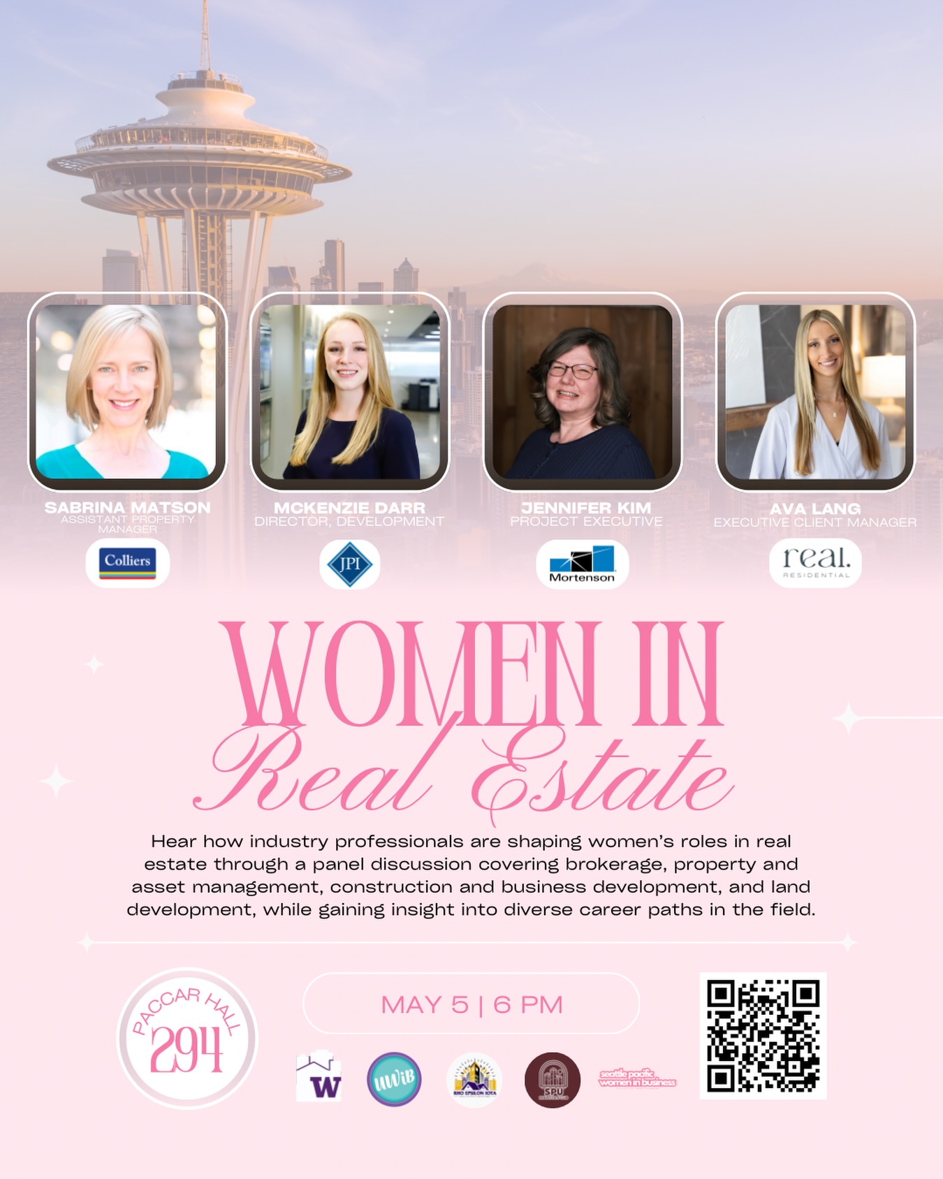 Women in Real Estate Panel in collaboration with UWRE, REI, SPU RE, and SPU WiB!
Join the UWRE Club, UWiB, REI, & SPURR Club for an event focused on women in real estate, exploring key sectors including brokerage, property management, construction, and development. Attendees will gain insight into the diverse career paths within the real estate industry and how women are shaping its future!
it is required to fill out the RSVP form!
📅 Tuesday, May 5
⏰ 6:00 PM
📍 PACCAR 294