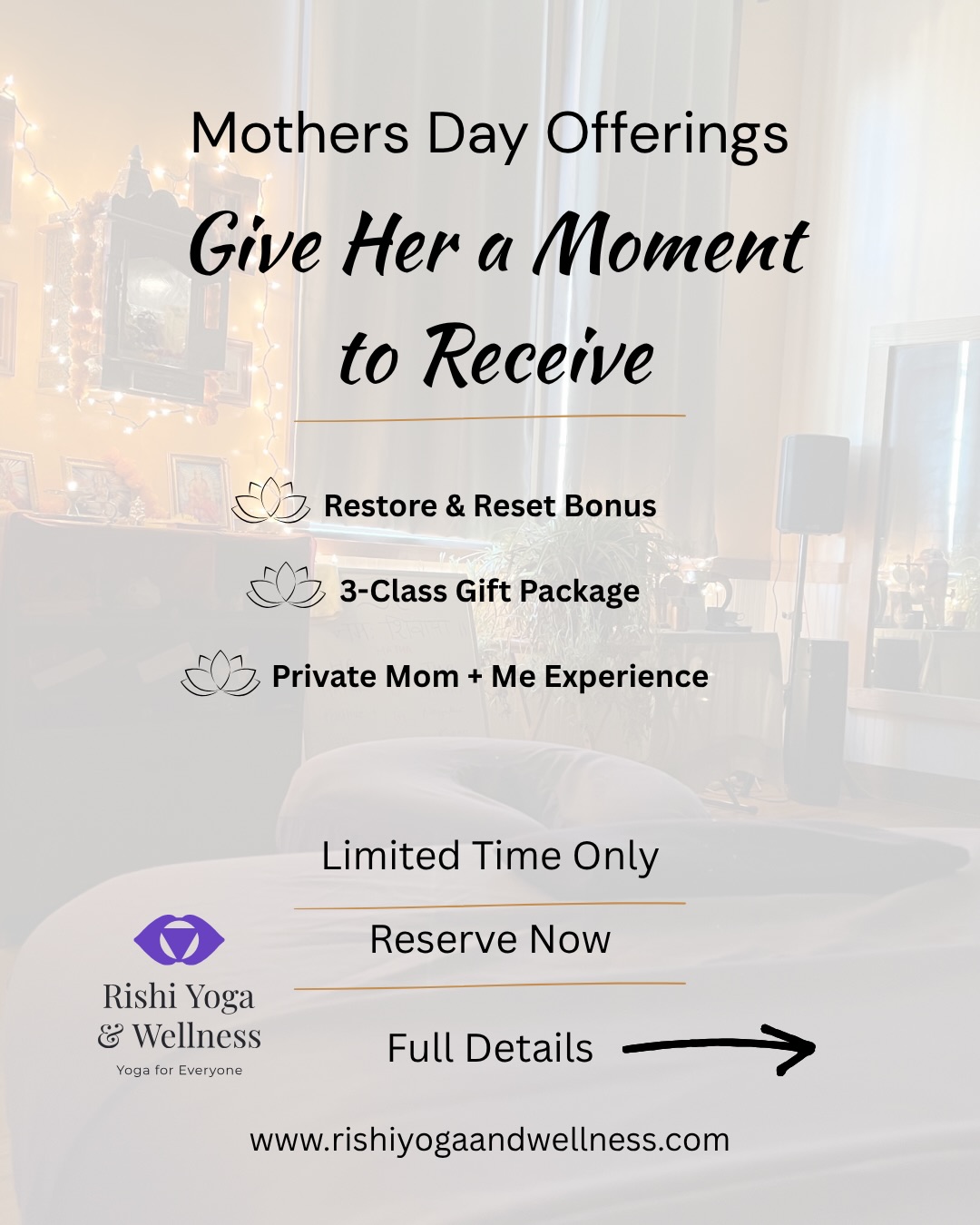 Dear Mom š„° We have curated these experiences to provide her with moments to slow down, breathe, & be taken care of. To reserve one of these limited offers please Call/Text/Email/DM 804-456-8030 šø rishiyogaandwellness@gmail.com #mothersday #wellnessgift #selfcareexperience #yogaforall #northernneckva