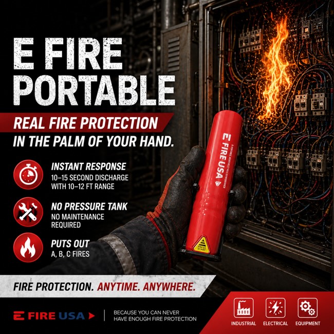 Real fire protection.
In the palm of your hand.
The E Fire Portable is built for fast response when seconds matter.
No pressure. No maintenance. Just grab and go.
Perfect for:
• Vehicles
• Job sites
• Electrical rooms
• Everyday safety
Because there is never enough fire protection.
#FireSafety #EFireUSA #SafetyFirst #Preparedness #industrialsafety
