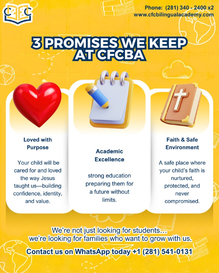 3 Promises we keep for your childās future. š”ļøš
1ļøā£ Loved with Purpose.
2ļøā£ Academic Excellence.
3ļøā£ Faith & Safe Environment.
We aren't just looking for students; we are looking for families who want to grow with us. ā¤ļø
š WhatsApp us at +1 (281) 541-0131 to start your journey!