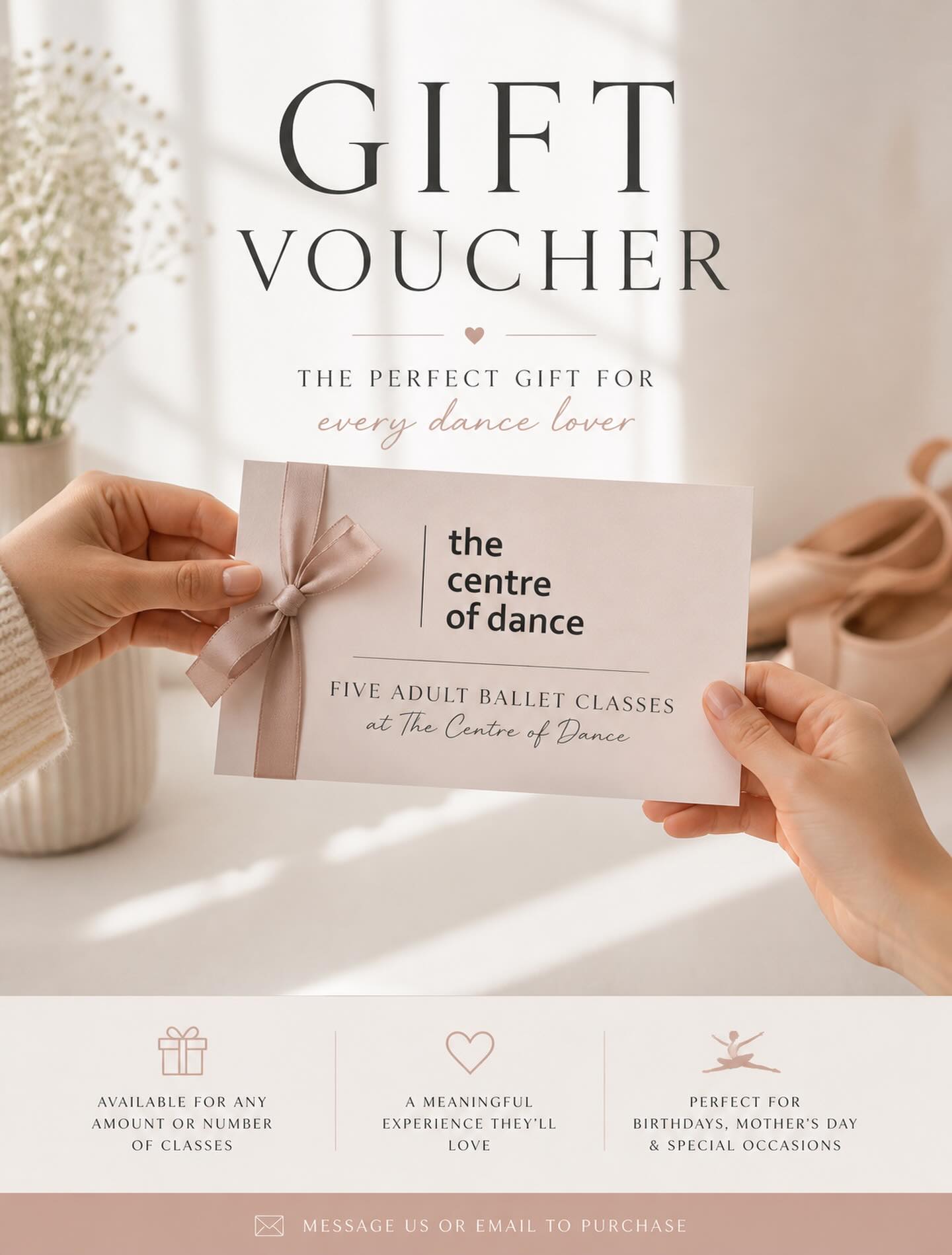 🌸 Gift Vouchers Available 🌸
Looking for a meaningful and unique gift?
Our gift vouchers are available for any amount or number of classes — perfect for anyone who wants to try something new or return to dance 🩰
With Mother’s Day just around the corner, this could be a beautiful and thoughtful present 🤍
📩 DM us or email to purchase, or follow the link in our bio
#giftideas #mothersdaygift #mothersday #experiencegift