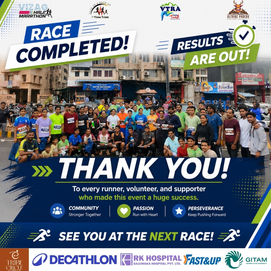 Grit, Goals & Great Memories! ๐ธ๐โโ๏ธ
The Vizag Time Trials Season 5 (May Run) was a masterclass in determination.
Humidity and overcast skies were no match for the runners who dominated the 1-mile, 5K, and 10K courses!
A massive thank you to our incredible partnersโ Decathlon, Fast&Up, RK Hospital, and Tribecircleโfor fueling the finish line and keeping our community strong.
As Hari beautifully put it: โThe guidance and support to new gen runners... it was such a great piece of work.โ* We are building this legacy together!
๐ YOUR MAY RUN ESSENTIALS
๐ THE RESULTS ARE IN!
Check your official timings and see how you ranked:
๐ View May Run Results
https://www.webscorer.com/race?raceid=430255
๐ธ RELIVE THE MOMENTS
The gallery is live! Find your race photos here: https://drive.google.com/drive/folders/1H-3clFutEmWwoGU3Eo9asmkWXPnp3MVo
๐ฒ STAY CONNECTED
Never miss an update on training sessions or upcoming races. Join the conversation:
WhatsApp Channel :
https://whatsapp.com/channel/0029Va4okuFFi8xUjkMu8Y3S
Instagram:
@vtra.run | @vizag_half_marathon
โจ TAG US!
Share your favorite shots from the gallery, post your results, and tag us on social media! We love seeing your progress.
Next Stop:Training for the Vizag Half Marathon on October 4th starts now.
๐ฅ JUNE REGISTRATIONS ARE OPEN: www.vtra.run
#VTRA #VizagTimeTrials #RunningCommunity #VizagTrailRunners #UltraPaderu #TrainingDay #VizagHalfMarathon