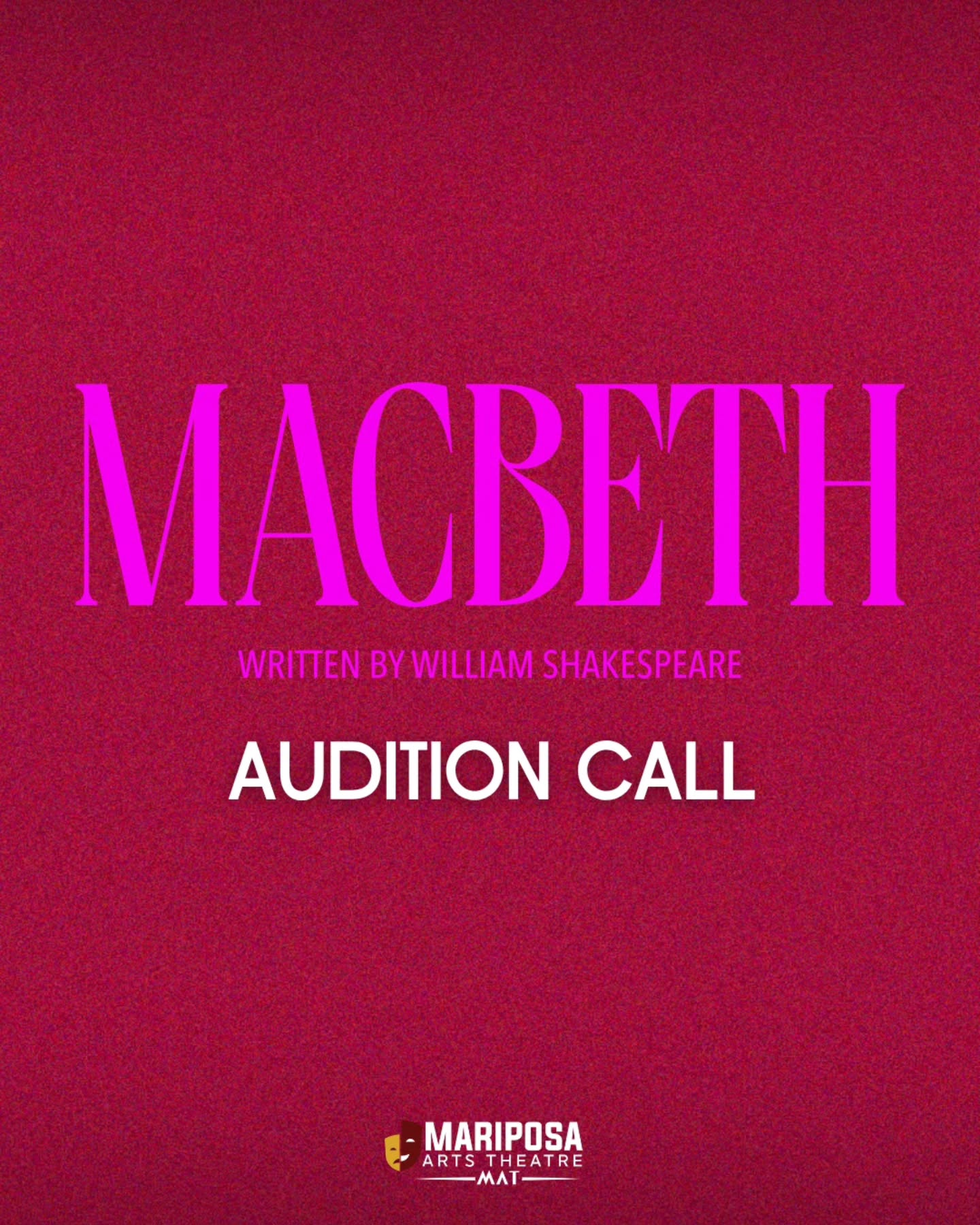 ๐๐จ๐๐๐ง๐๐ข๐ก ๐ก๐ข๐ง๐๐๐ ๐ก๏ธ ๐ ๐๐๐๐๐ง๐
AUDITION DATES:
Friday June 5 from 7 PM - 9:30 PM
Saturday June 6 from 11 AM - 4 PM
LOCATION: MAT Rehearsal Warehouse, 12 Brammer Dr. Orillia, ON.
HOW TO SIGN UP: Visit https://www.mariposaartstheatre.com/auditions for full audition notice, including: Show Synopsis, Full Role Descriptions, Audition Prep Requirements, and the link to the Audition Form.
Upon review of full audition information, please direct any further questions to Leigh Rawlins, Stage Manager, at leighrawlins1987@gmail.com. Thank you!
โ
Mariposa Arts Theatre presents ๐ ๐ฎ๐ฐ๐ฏ๐ฒ๐๐ต
Written by William Shakespeare
Performances November 5-15, 2026 at the Orillia Opera House
Directed by Stevie Baker
www.mariposaartstheatre.com/macbeth
Mariposa Arts Theatre Values Diversity & Inclusivity: We welcome ALL actors to our auditions- of any abilities, ages, body types, ethnicities, and gender/sexual identities & expressions- who are interested in being a part of our shows. MAT is a non-profit, non-Equity, community theatre group, therefore any and all acting roles are volunteer commitments, not paid positions.
Good luck! ๐ญ