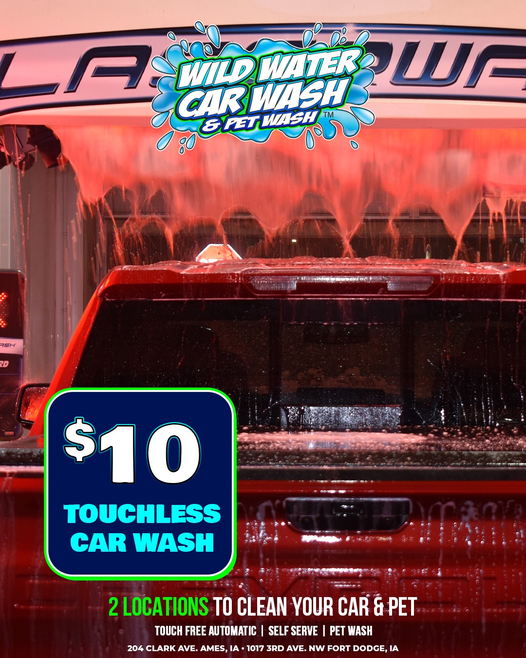 $10 for a touchless wash?! Yes, really! 🙌✨ Wild Water Car Wash & Pet Wash makes it easy with an automatic touchless wash starting at only $10, or jump into one of our Self-Serve Wash Bays and do it your way.
Great clean, great price, and no excuses for a dirty car!
➡️WildWaterCarWash.com
📍204 Clark Ave. Ames, IA
📍1017 3rd Ave. NW Fort Dodge, IA Self-Serve Car Wash & Pet Wash only