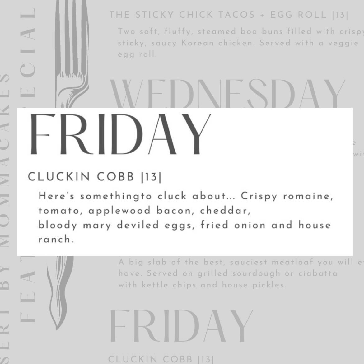 If your lunch isn’t topped with Bloody Mary deviled eggs… what are you even doing? 👀🔥The Cluckin’ Cobb is bold, boujee, and just the right amount of extra — loaded with chicken, bacon, cheddar, crunch, and attitude.
Don’t be shy. Come get you some!
#ExtraInTheBestWay #FoodieMood #BaconObsessed #LunchGoalsUnlocked #WeekendStartsNow