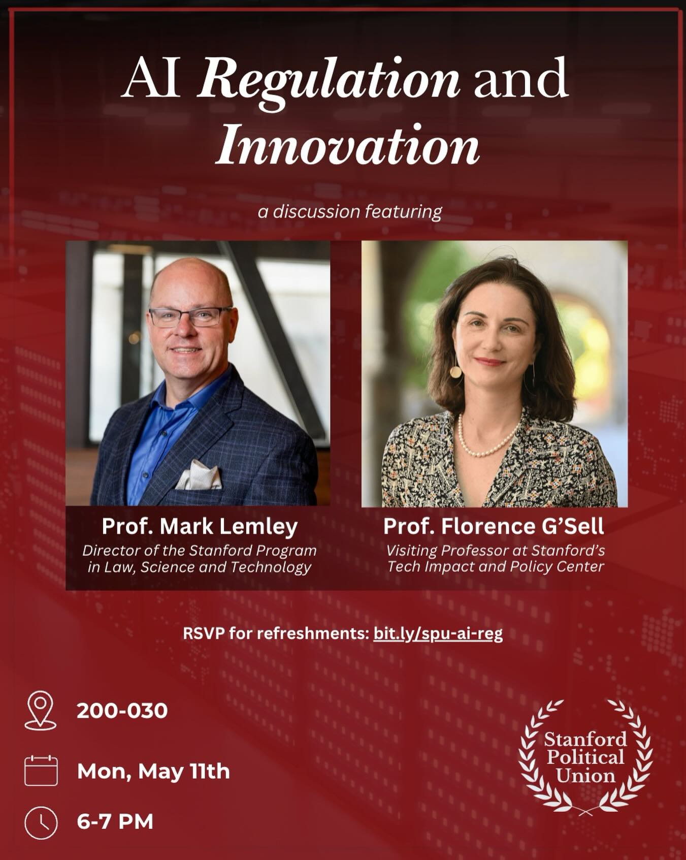 How should society balance rapid AI innovation with calls for regulation? The Stanford Political Union invites you to a panel discussion on Monday 5/11 at 6:00 PM in 200-030 featuring Florence G’sell and Mark Lemley, two leading scholars in technology law. RSVP: https://bit.ly/spu-ai-reg