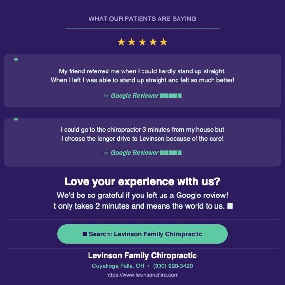 The reviews you leave us mean everything. 💜
If we've helped you or your family we'd love it if you shared your experience on Google — just search Levinson Family Chiropractic!
👉 Link in bio
#CuyahogaFalls #AkronOhio #FamilyChiropractic #ChiropractorNearMe #GoogleReview #NortheastOhio