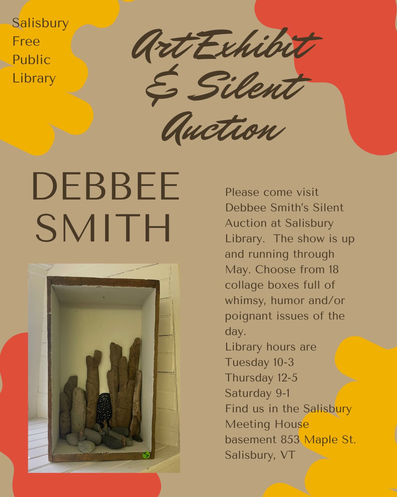 Come, check out our first art exhibit and silent auction! Local artist, Debbee Smith has created wonderful shadowboxes that will be displayed at the library for the month of May.