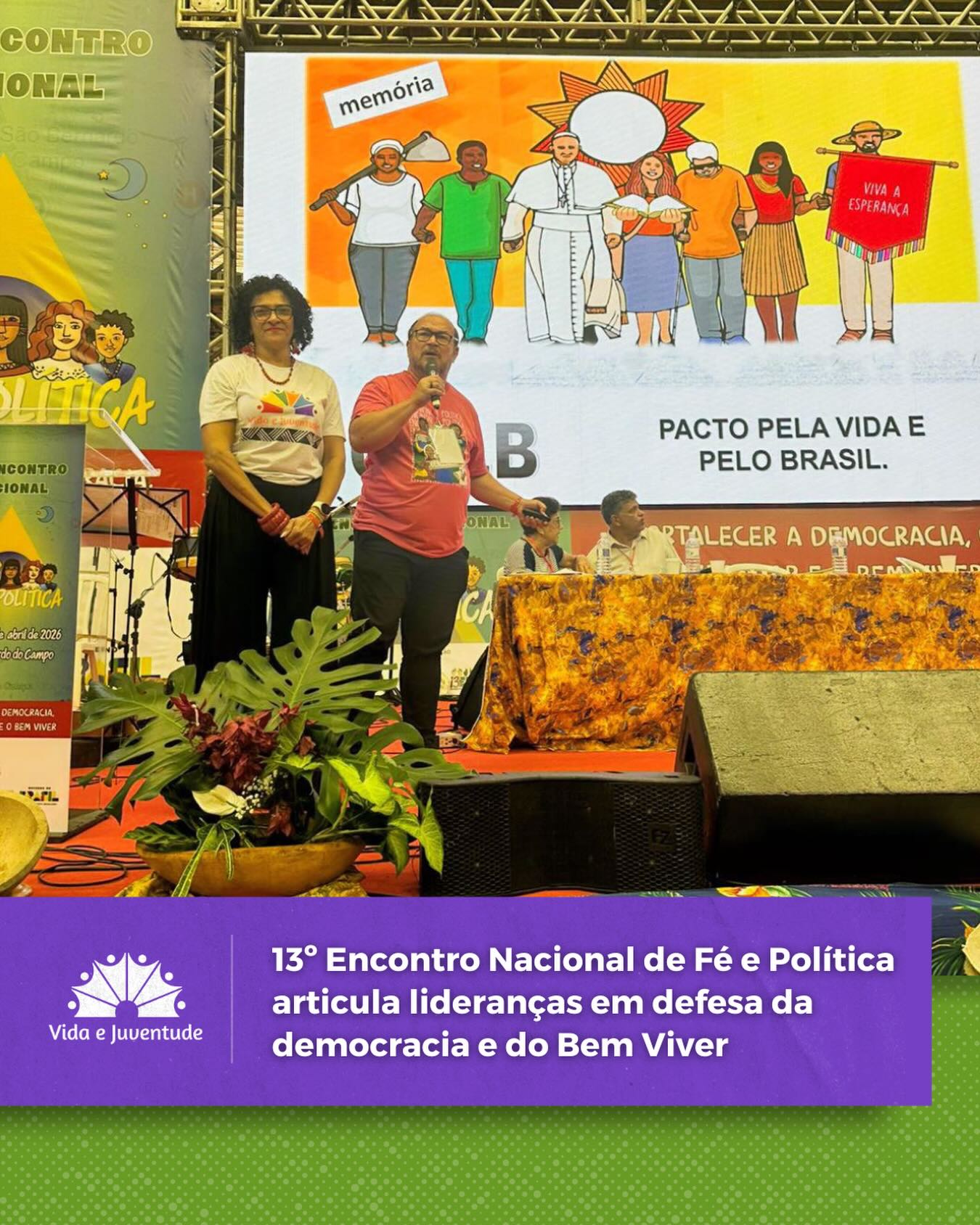 🍃Entre os dias 24 e 26 de abril de 2026, foi realizado o 13º Encontro Nacional de Fé e Política, no Ginásio Poliesportivo Adib Moysés Dib, em São Bernardo do Campo (SP). O evento reuniu cerca de 1.300 lideranças sociais, religiosas e políticas de todo o país. O Vida e Juventude foi representado pelos associados fundadores Jussara Seidel e Daniel Seidel, e pelo diretor financeiro José Carlos Soares.
Com o tema “Fortalecer a Democracia, o Esperançar e o Bem Viver”, o encontro teve como objetivos fortalecer a democracia, impulsionar o trabalho de base, manter vivas as memórias, ampliar as lutas sociais e políticas e valorizar o papel das artes, das culturas e das juventudes.
Quer saber mais sobre o evento? Acesse nosso site e confira a matéria completa.
🔗 Link na bio!