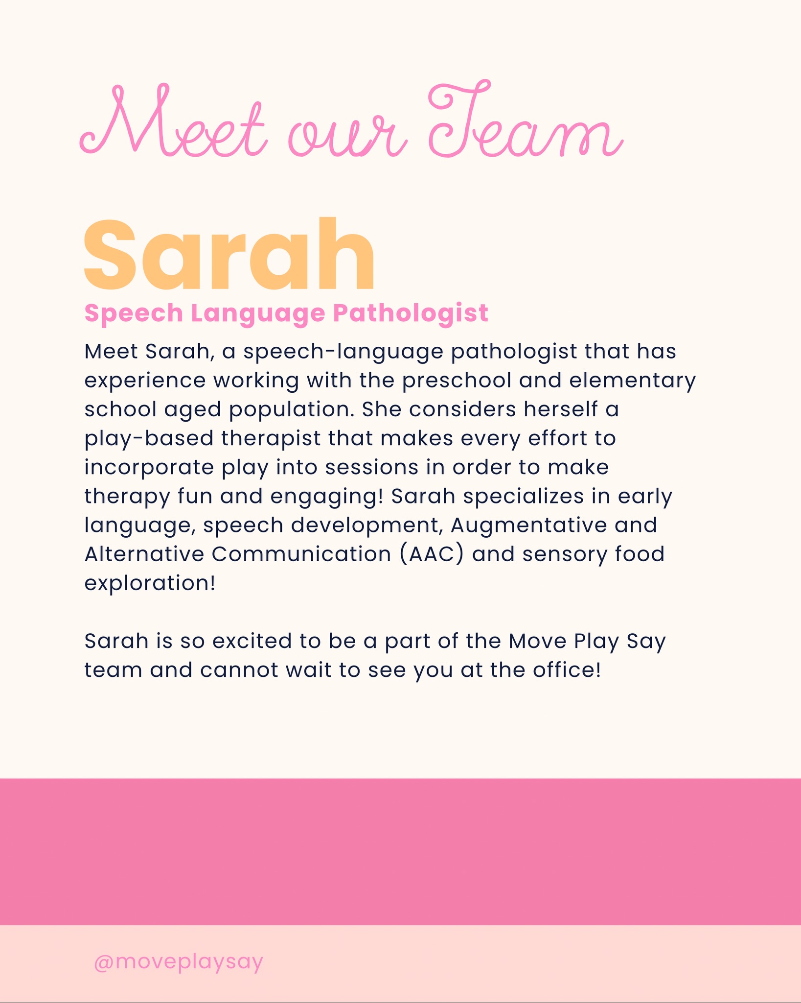 Welcoming another SLP to the MPS team!
🍼Sarah will be stepping in during Stacia’s maternity leave, supporting our afternoon clients through the rest of the school year. She brings such a thoughtful, experienced approach to her work, and we truly feel so lucky to have her. We can’t wait for your littles to meet her and build new connections.
💌Now booking CPSE and Private Pay speech therapy services for Summer and the 2026-2027 School Year. | Email us to get started and secure your spot hello@moveplaysayservices.com
#moveplaysay #pediatricslp #gardencity #privatepractice #speechandlanguage