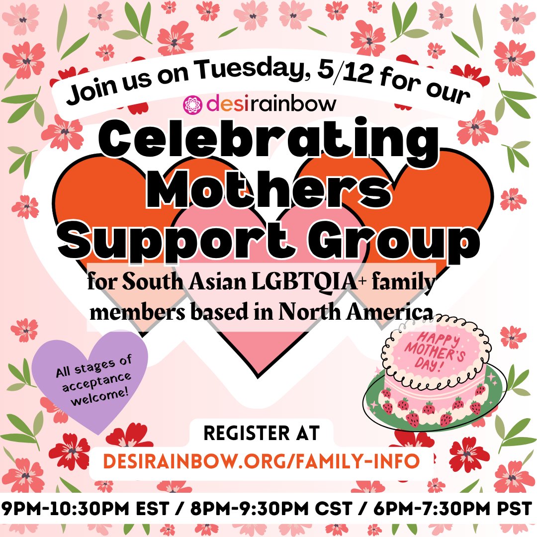 🏳️🌈🏳️⚧️ We invite South Asian parents and family members of LGBTQIA+ people to join our virtual Support Group next week! Join us Tuesday, May 12th at 9 p.m. Eastern, 8 p.m. Central, and 6 p.m. Pacific to talking about mothering and how it has impacted your life.
👉 Joining for the first time? You'll need to register at least 2 hours before the event at www.desirainbow.org/family-info to receive the meeting link.
💟 This is a monthly 90-minute peer-to-peer support and discussion group that's only for family members of LGBTQIA+ South Asians based in North America/on Turtle Island.
🥰 Join us in creating a more affirming world for LGBTQIA+ Desis at desirainbow.org/membership
#MothersDay #DesiRainbow #DesiMom #CommunitySupport #Ally #LGBTQAllies #Parenting #DesiParents #Affirming #Support #DesiFamily #QueerDesi #QueerSouthAsian