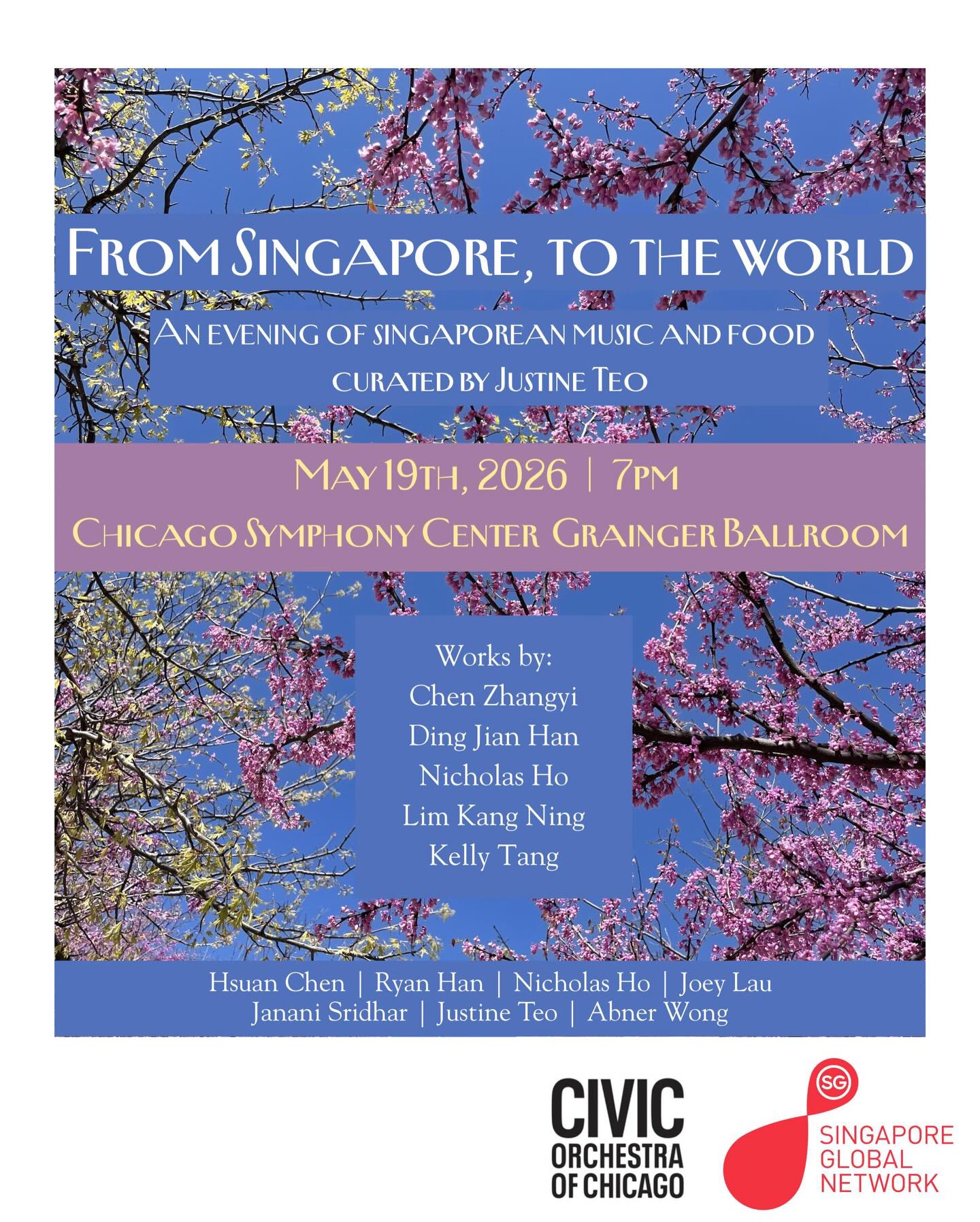 Glad to be returning to Chicago for two performances on 19 and 22 May 2026!
First, an evening featuring works by Singaporean composers, with food curated by Justine Teo @juiceteenie . I’ll be performing with colleagues old and new, including a chamber work by Ding Jian Han, a movement from my early Sonata for Violin and Piano, Op. 5, and my set of art songs SingBites, Op. 12 — including the now well-known (or infamous) Chicken Rice 😜
Looking forward to sharing an evening of music, food, and collaboration!
Join us at the Chicago Symphony Orchestra Center, Grainger Ballroom on Tuesday, 19 May at 7pm.
Supported by the Singapore Global Network @singaporeglobalnetwork
More on my solo recital on 22 May in the next post!
⸻
#ClassicalMusic
#ChamberMusic
#SingaporeMusic
#ChicagoMusic
#Piano