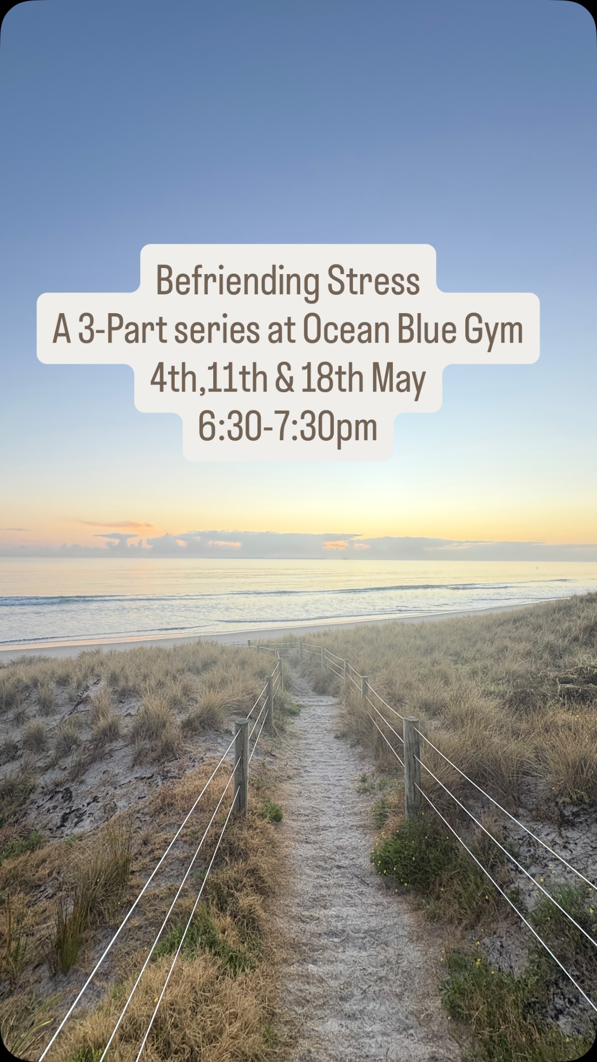 We all experience stress.
The tight chest.
The racing thoughts.
The overwhelm.
It’s normal, but it doesn’t mean you have to feel stuck in it.
What if you had simple tools to support yourself in those moments?
That’s what this session is about building awareness, understanding your stress, and learning how to respond differently.
If you’re ready to feel more grounded when life gets intense…
I’d love to see you there ✨
Members can book through the GymMaster app.
Non-members can call Ocean Blue on 07 574 4909.
#selfawareness #combatstress #stress #selfdevelopment #emotionalintelligence