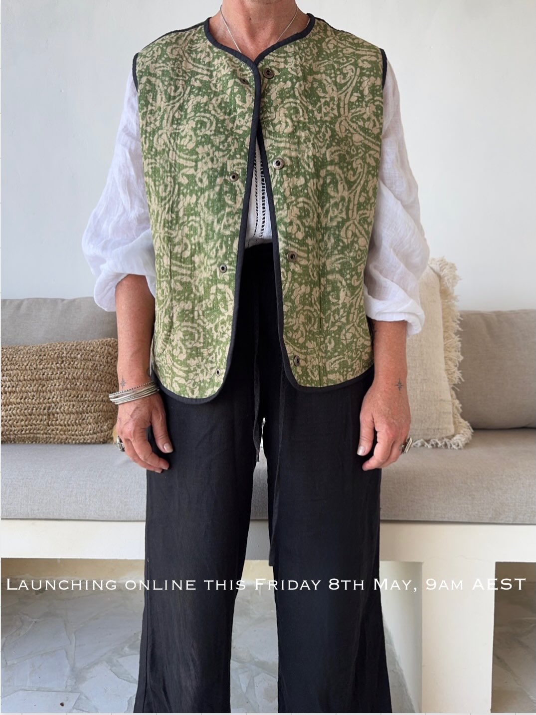 MIRA Kantha vests launch online this Friday, 8 May at 9am AEST.
A fresh silhouette for Fleetwood — reversible, with hidden side pockets and press stud closure. The easiest throw-on layer.
Each piece is completely one-of-a-kind… once it’s gone, it’s gone.