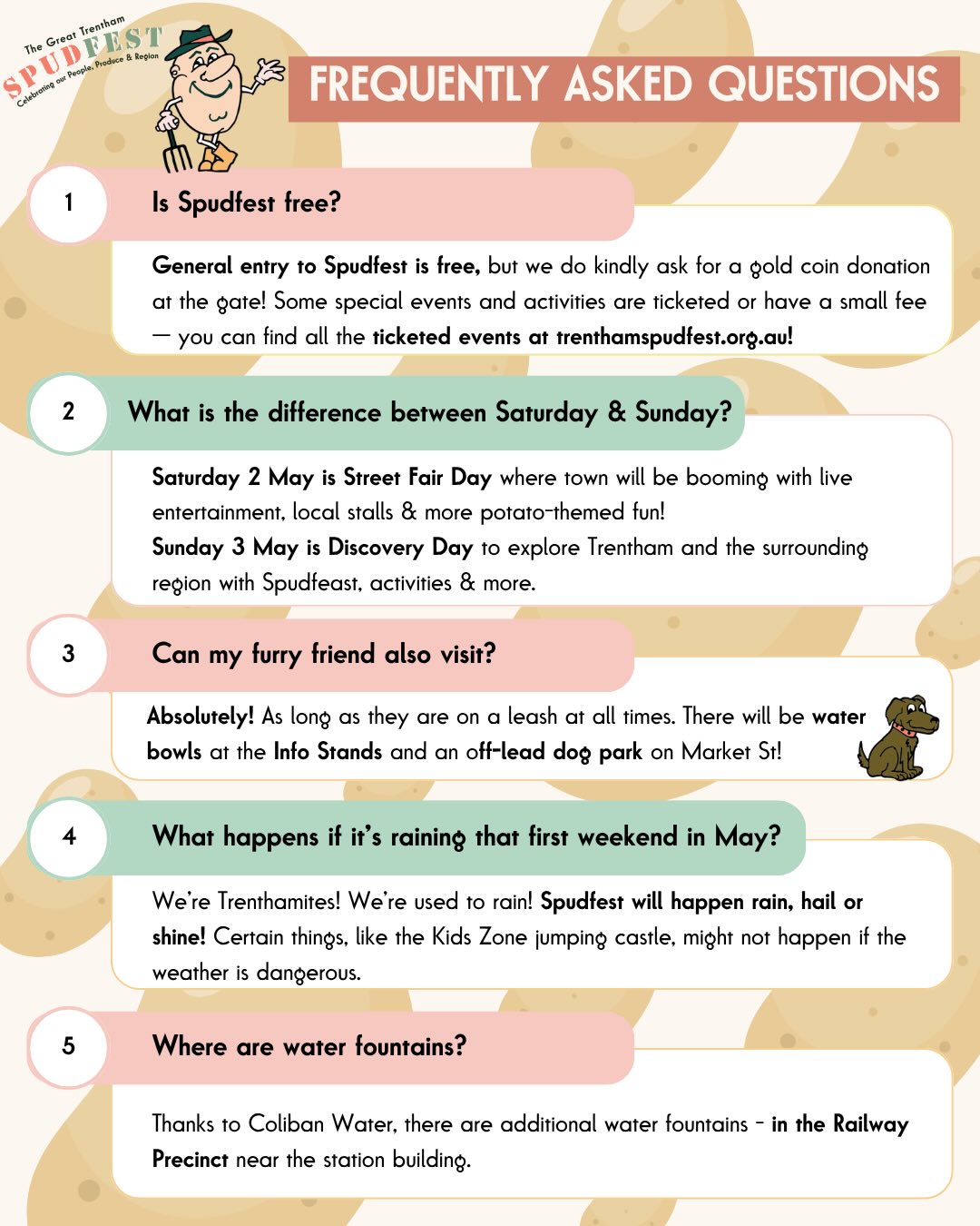 Got questions? We’ve got answers! 🙌
From what to bring, to where to park, eat, chill (and even where your furry friends can hang out 🐶) — we’ve rounded up some of the most commonly asked Spudfest questions to help you plan your perfect weekend.
Rain, hail or shine… we’re ready 🌧️☀️ and so are the spuds!
#victoriasheartland
#comebacktolife
#visitvictoria
#everybitdifferent
#visitmacedonranges