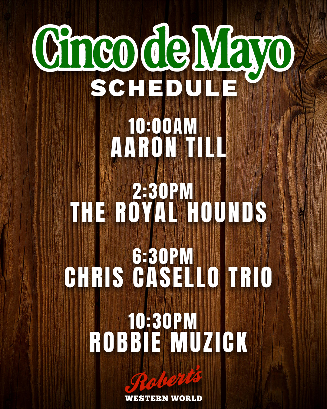 Happy Cinco De Mayo, Y'all. We have another full day on traditional country music on deck. Perfect for a cold beer on a fun holiday. Come on in.
#cincodemayo #aarontill #theroyalhounds #chriscasellotrio #robbiemuzick #traditionalcountrymusic #realhonkytonk