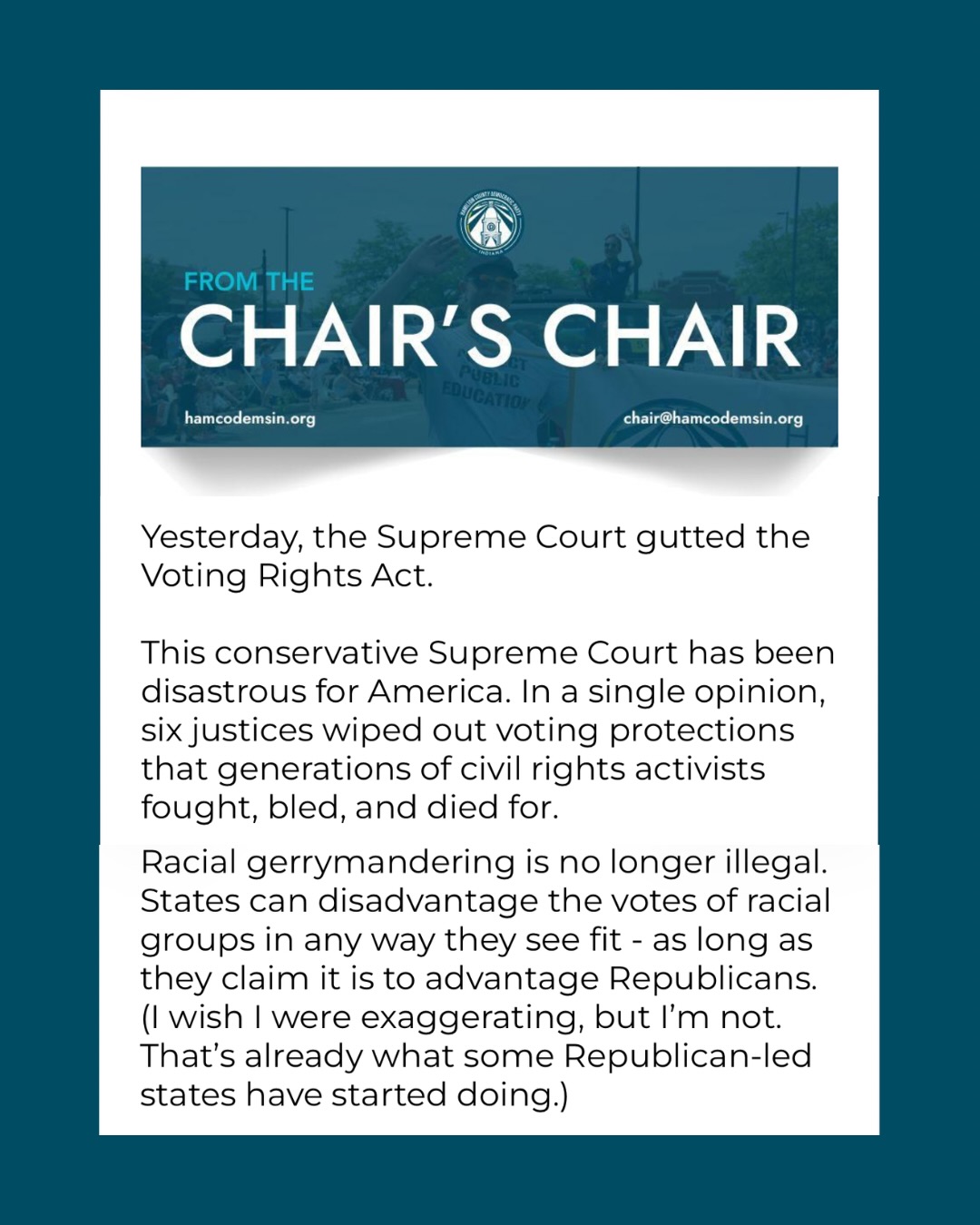Our Chair @lowryforindiana has a few words on the recent SCOTUS decision and how it could impact Hoosiers. Help us prepare to fight back this election year! Vote, get your friends to the polls, volunteer with us and your favorite candidates, and consider making a contribution at our website.