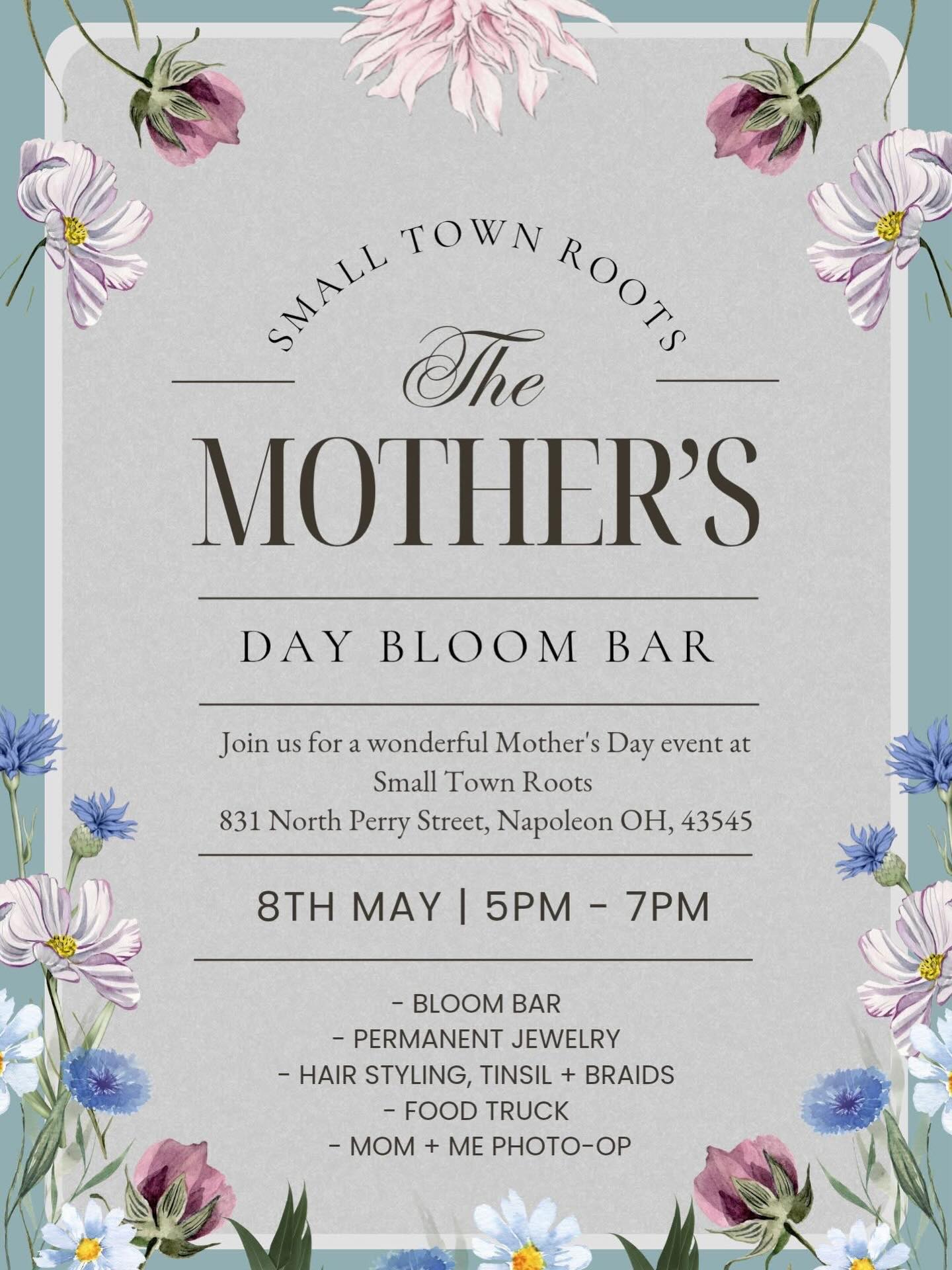 Mother’s Day plans? This is one you don’t want to miss.
We’ll be set up at the Small Town Roots Mother’s Day Bloom Bar event with all things Ivy & Navey Co.
Join us May 8th from 5–7PM in Napoleon for an evening full of shopping, self-care, and something fun for you and your littles.
What to expect:
• Bloom Bar
• Permanent Jewelry
• Hair styling, tinsel + braids
• Food truck
• Mom + Me photo-op
We’ll be bringing a mix of new arrivals, custom designs, and some of our favorite pieces.
Come shop, hang out, and make it a night out.