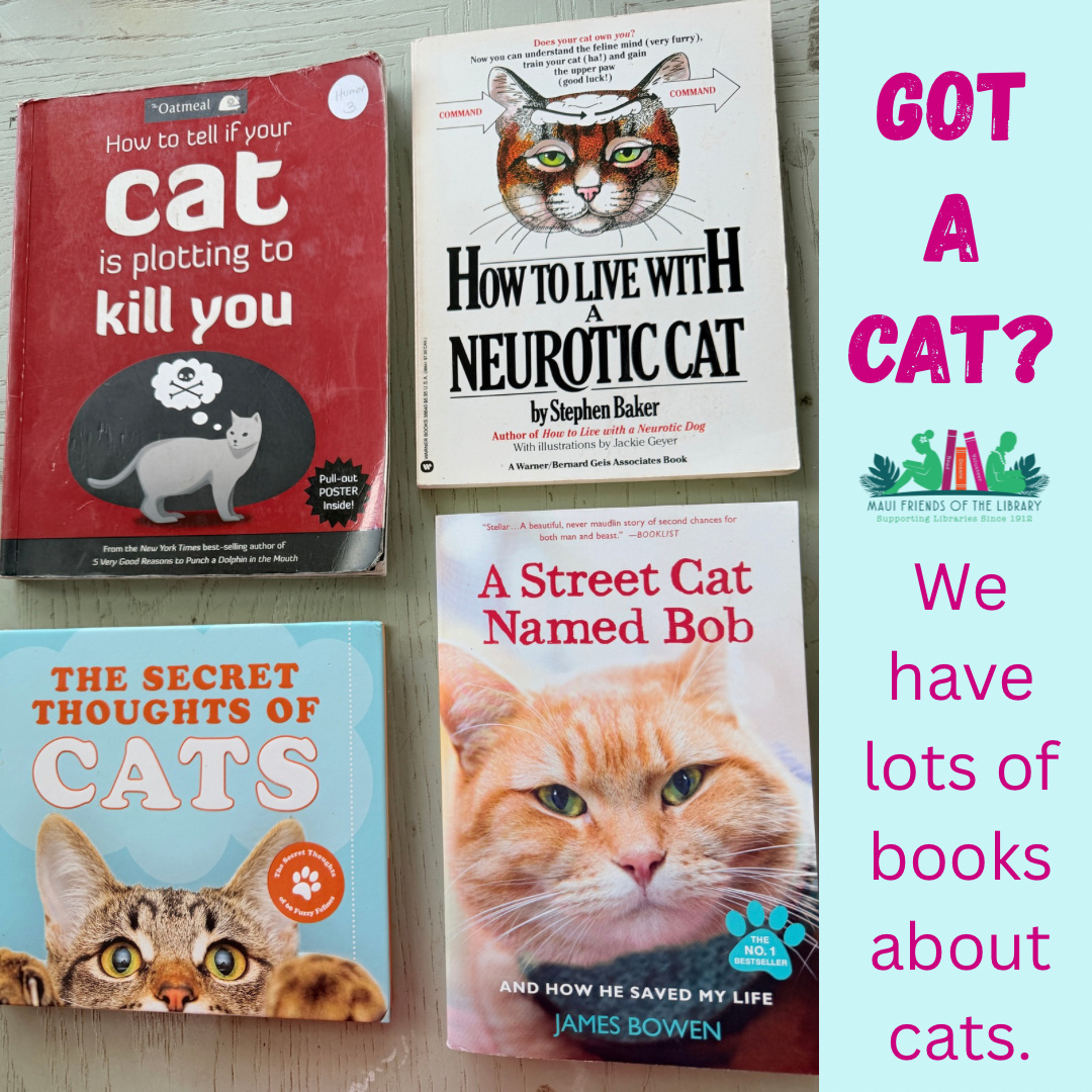 Cats can be very confusing! There are thousands of books about understanding your cat…his moods, his needs, and his idea that biting and scratching are the best way to show affection.😻 Find books to help explain the mysteries of your cat at Maui Friends of the Library.📕
Locations:
Kihei at 95 E Lipoa
Kahului at Queen Ka’ahumanu Center
Pu’unene at East Camp 5 Rd
Please help us out! Every time you LIKE, SHARE and FOLLOW us on Facebook and Instagram it spreads the word in our community about our mission to improve literacy on Maui. 😊
#MauiFriendsoftheLibrary #MFOL #MauiBooks #MauiBookstore #UsedBooks #SupportLocalMaui #BookLovers #Mauinonprofit #Hawaiianbooks #reader #booklover #books #reading #read #kidsbooks #booklovers #usedbooks #Hawaiiana #Mauireads #Mauibooks #libraries #great reads #beachreads #Mauilocal