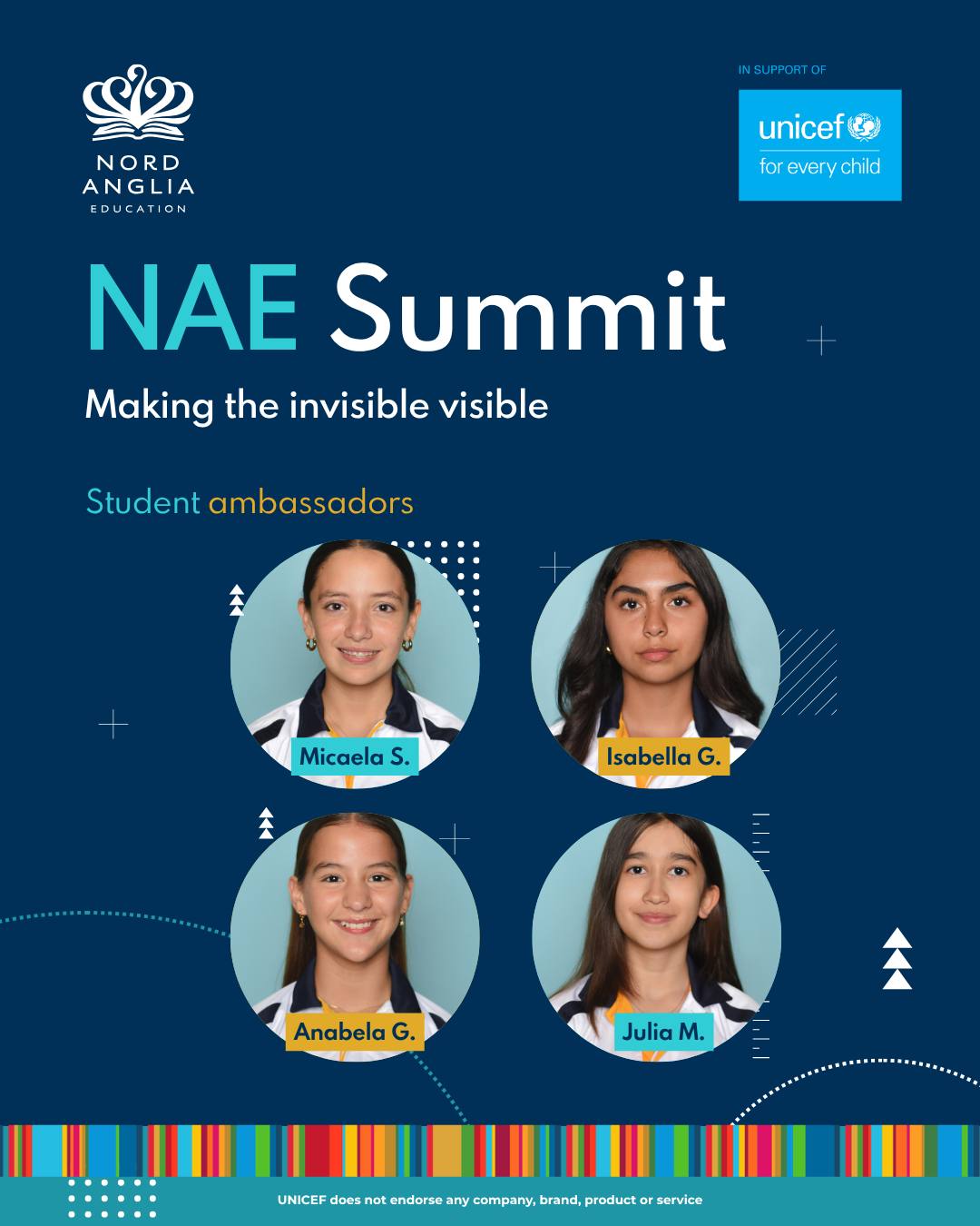 We are proud to announce Micaela Sierra, Isabella González, Anabela Gutiérrez, and Julia Milán as San Roberto’s Student Ambassadors for the NAE Summit 2026, in collaboration with UNICEF.
As members of the Social Impact Club, they will join over 150 students from 50+ schools around the world to explore “NAE 2030 – Making the invisible visible” and SDG 12: Sustainable Cities & Communities.
We look forward to seeing the impact they will make. 👏
#NAESummit2026 #NAESocialImpact #StudentVoice #NAE2030 #CreateYourFuture #WeAreISR
UNICEF does not endorse any company, brand, product, or service