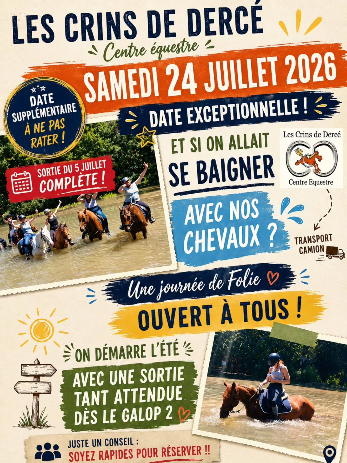 Oh la la 🤓🤓🤓🤓🤓🤓🤓
Ce n'était pas prévu.. mais on a pu caler une nouvelle date !!!
Le 5 juillet est complet et la demande était encore grande .. alors voici UNE NOUVELLE DATE
on espère que vous serez des nôtres..
Et que si vous êtes dispo . Que vous serez rapides pour bloquer votre place !!!
Alors À VOS AGENDAS 😉☺️🤪🤪
LES CRINS DE DERCE poney club