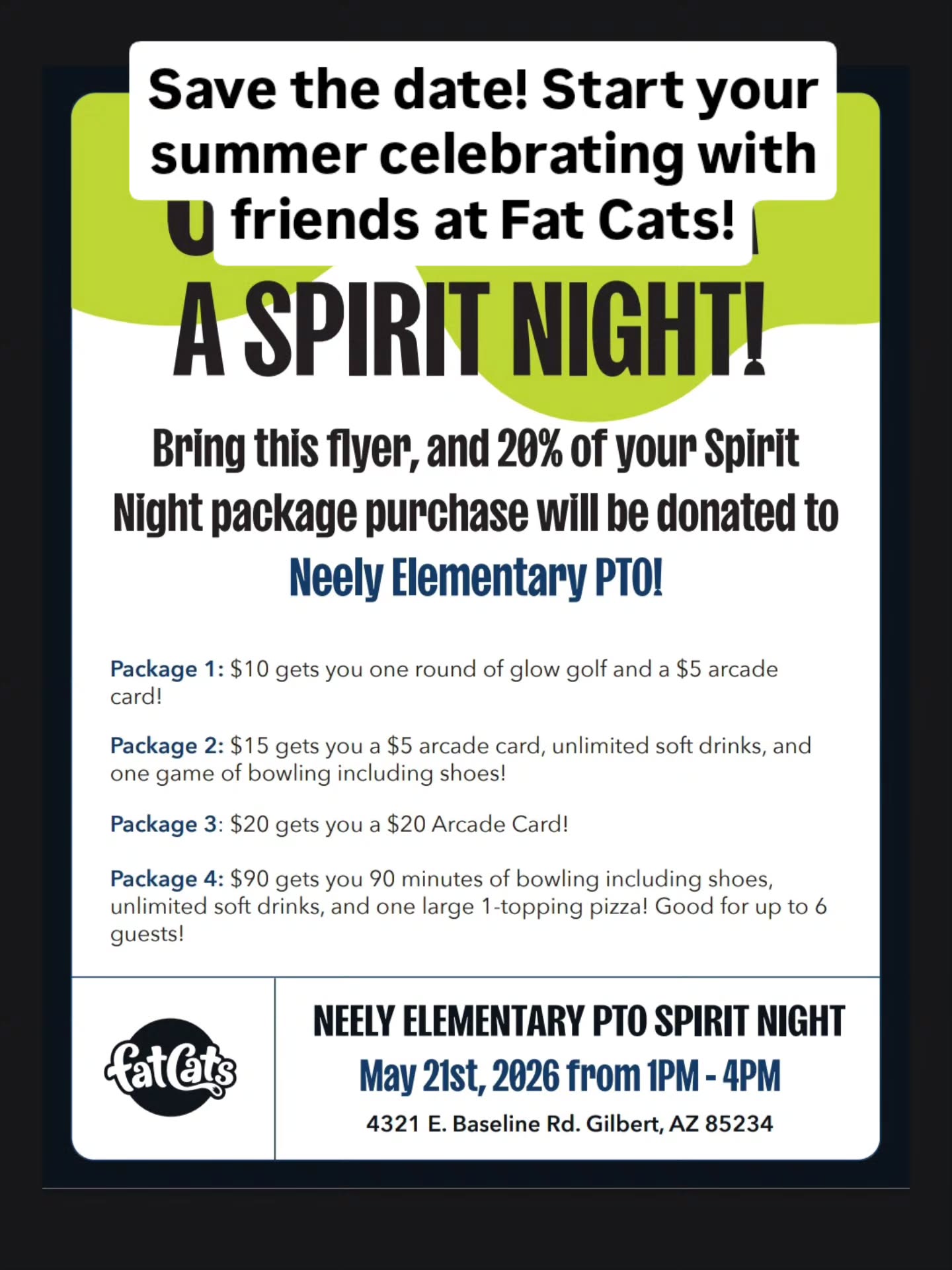 Celebrate the start of summer with friends at Fat Cats and earn money for the school!