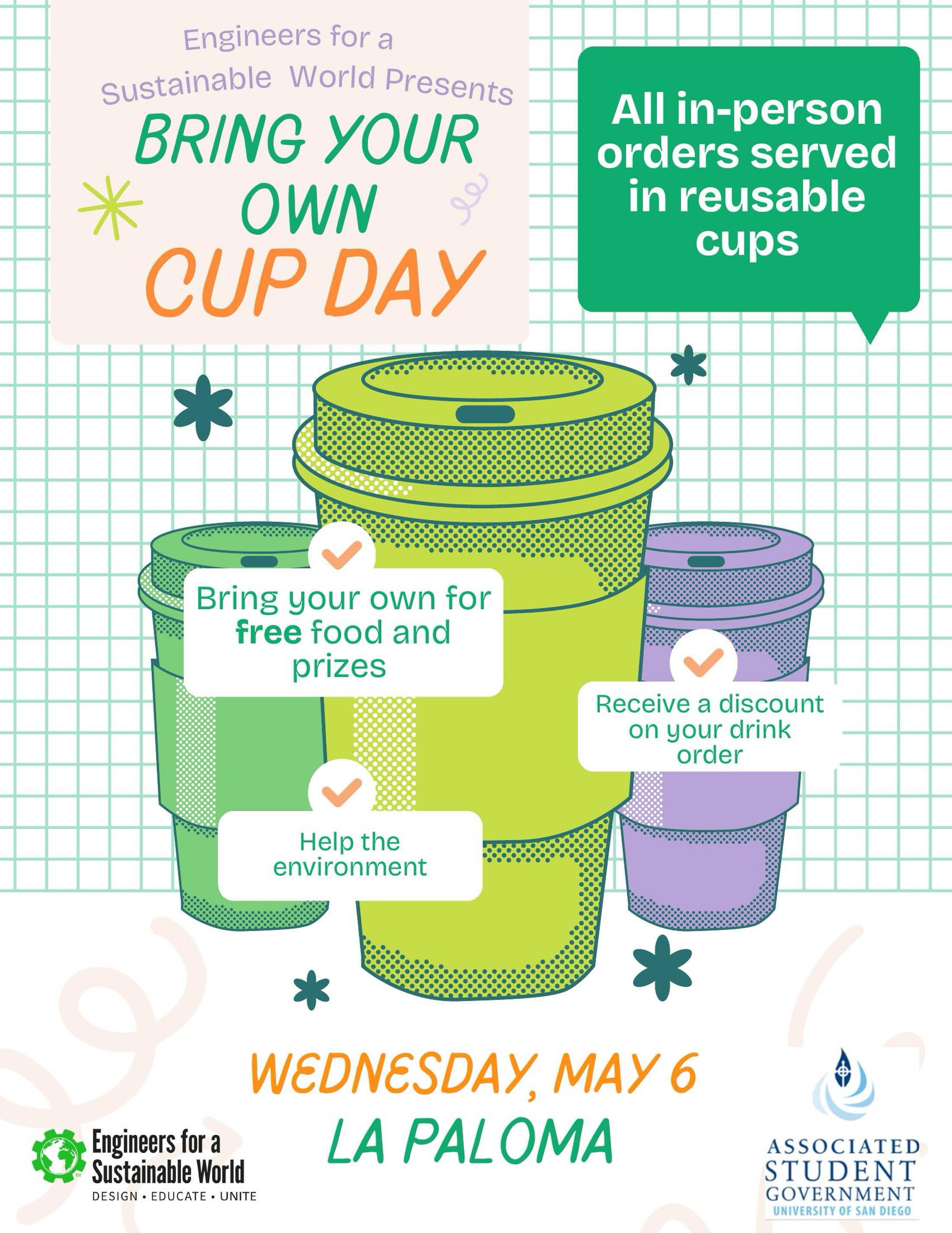 Bring your own cup and make a difference ♻️
Join us Wednesday (Tomorrow!!) at La Paloma for drink discount, free food, and prizes ☕️