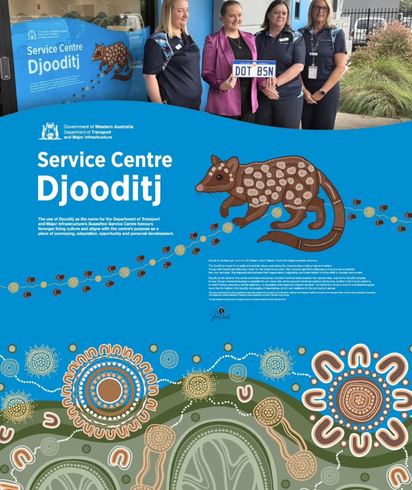 Djooditj Journey 🐾
The Department of Transport and Major Infrastructure Busselton Service Centre, now officially dual-named Djooditj, is the first WA location under the Aboriginal Placenames Project — a powerful initiative facilitated through @karrikarrakac
The Djooditj represents agility, resilience and a strong, adventurous spirit — symbolising movement, growth and each person’s journey towards new opportunities. Like the Djooditj travelling across Country, this artwork reflects strength, independence and the support that empowers communities to move forward.
Celebrating Noongar language, culture and connection to Country, this project is a powerful step forward in strengthening community understanding. Proud to see Mel’s artwork helping bring this meaningful project to life 🖤💛❤️