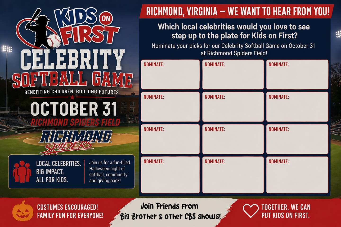 Richmond, we need you 👀⚾️
We’re putting together something special for our Kids on First Celebrity Softball Game on October 31 at Richmond Spiders Field—and we want your help building the roster.
Who do YOU want to see step up to the plate?
We’re talking:
Local legends
Media personalities
Former athletes
Coaches
Community leaders
That one person everybody knows 👀
Drop your nominations in the comments ⬇️ or message us directly. Let’s make this a night the whole city shows up for.
This isn’t just a game—it’s about coming together to raise money and create real opportunities for kids in our community.
Costumes encouraged. Energy required. Impact guaranteed.
#KidsOnFirst #RichmondVA #CommunityFirst #CelebritySoftball #ForTheKids