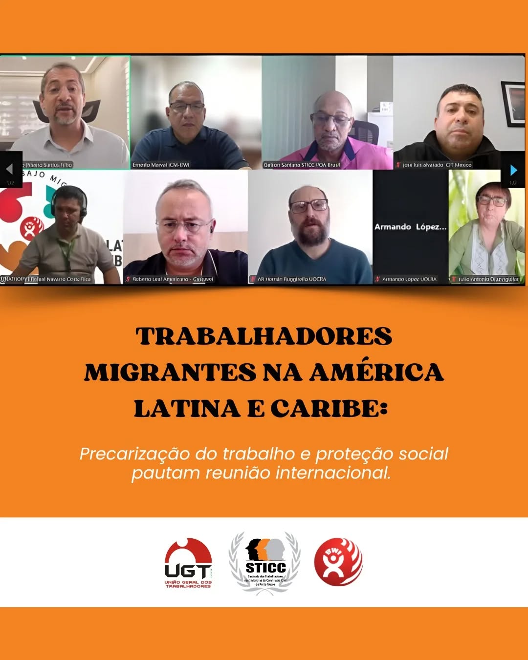 União e luta pelos trabalhadores migrantes! 🌎✊
Representantes sindicais da América Latina e Caribe se reuniram virtualmente pela Rede de Sindicatos com Trabalho Migrante (RST-Migrante), vinculada à ICM/BWI Global Union, para debater desafios urgentes da nossa região.
O encontro, coordenado pelo Presidente do STICC, Gelson Santana, focou em pontos cruciais como:
✅ O combate à precarização do trabalho;
✅ A falta de proteção social e dificuldades de regularização;
✅ A preparação para o fórum das Nações Unidas (FEMI/IMRF);
✅ Estratégias para o 6º Congresso Mundial da ICM em 2026.
Participaram lideranças da Argentina, Brasil (STICC), Costa Rica, Guatemala, México e República Dominicana, fortalecendo a rede de apoio nos corredores migratórios.
Como afirma nosso presidente Gelson Santana: "Essa não é uma pauta temporária, mas uma agenda permanente que está no DNA do STICC".
🔗 Quer saber todos os detalhes?
Confira o texto na íntegra no link da nossa Bio!
📍https://www.sticc.org.br/post/trabalhadores-migrantes-na-am%C3%A9rica-latina-e-caribe
#STICC #GelsonSantana #TrabalhoMigrante #DireitosHumanos #Sindicalismo AmericaLatina ConstruçãoCivil ICMBWI Migração