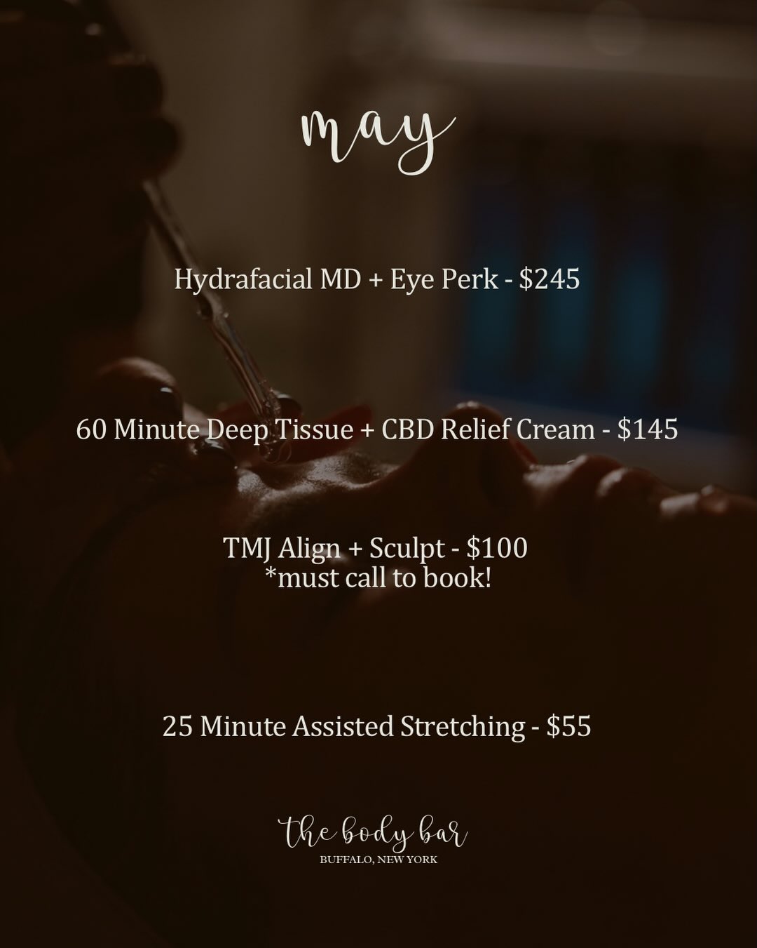 🌷 May specials are here! 🌷
Hydrafacial MD with Eye Perk: Refresh your skin and revive tired eyes with this all-in-one glow treatment. The HydraFacial MD deeply cleanses, exfoliates, and hydrates using advanced vortex technology to remove impurities while infusing the skin with nourishing serums. Paired with the Eye Perk treatment, this service gently brightens, tones, and smooths the delicate under-eye area—reducing the appearance of puffiness, dark circles, and fine lines.
60 Minute Deep Tissue Massage with CBD Relief Cream: Unwind with a 60-minute deep tissue massage enhanced by soothing CBD relief cream. Gentle, flowing techniques release muscle tension and promote relaxation, while the CBD-infused cream helps calm inflammation and ease soreness. This restorative treatment melts away stress and leaves your body feeling balanced, comforted, and deeply relaxed.
TMJ Align + Sculpt: A targeted treatment designed to relieve jaw tension while enhancing facial definition. This dual service begins with a TMJ-focused chiropractic adjustment to improve alignment, reduce pressure, and support proper jaw function. It is followed by a buccal and external facial sculpting massage, working both inside the mouth and along the face to release deep muscular tension, reduce puffiness, and create a more lifted, defined appearance. Ideal for guests experiencing jaw pain, clenching, headaches, or facial tightness, as well as those looking for a naturally sculpted, refreshed look.
25 Minute Assisted Stretching: A focused session targeting key areas of tension to improve mobility and reduce stiffness. Perfect for a quick reset or recovery!
Product of the Month: Face Reality GlowTone Corrective Serum – Your go-to brightening solution for reducing post-inflammatory hyperpigmentation (PIH) and other discoloration such as sun damage, dark spots, age spots, and uneven skin tone.
Book online or over the phone at 716-387-2515 🫶🏻