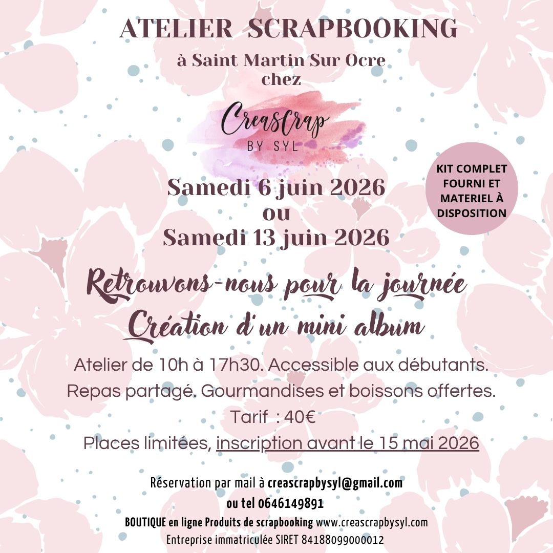 🌸JOURNEE SCRAP EN VUE🌸
Je remets ça chez moi, les amis !
Préparez-vous pour une journée de bricolage intensif, où l'on va fabriquer un mini ! Et tout ça autour d'un festin collectif, agrémenté de douceurs de mon cru à vous faire rouler sous la table (ou sur la terrasse, si le soleil ne fait pas son timide cette année).
Alors, qui va se joindre à cette aventure ? Le 6 ou le 13 juin ? On choisira la date finale en fonction du nombre de téméraires prêts à relever le défi.
Vous me faites confiance depuis un moment, les yeux fermés... 🙏😍 je m'attelle au projet dès signes d'intéressées... 😉
📩📲Contact par mail ou tel
À très vite !
Scrap'bises.
Sylvie
#creascrapbysyl #atelier #scrap #scrapbook #diy #fun #journéecréative