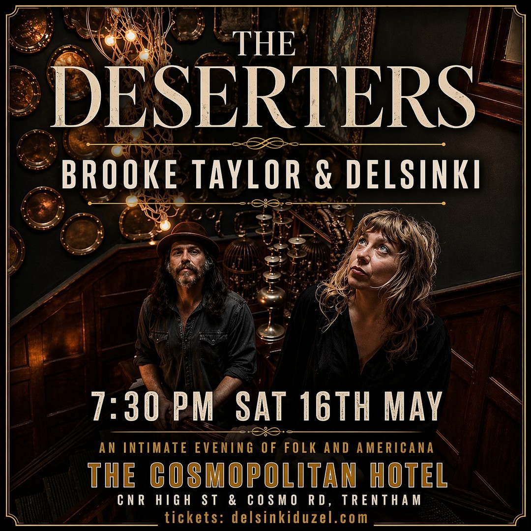 Two voices. Many strings. Endless stories.
Brooke Taylor and Delsinki are 'The Deserters', a powerhouse duo crafting raw, honest songs delivered with grit, heart, and a good dose of dry humour. Their sound spans baroque textures, dusty country, classic folk and low-down blues, all tied together by rich harmonies and road-worn storytelling.
With deep roots in Melbourne’s music scene, @thedesertersmusic have been hitting stages across the city, throughout regional Victoria, and on the folk festival circuit, turning heads and winning ears along the way. Recent appearances at St Kilda Festival, Port Fairy Folk Festival, and Yackandandah Folk Festival have cemented their reputation as a compelling live act not to be missed. They're often joined by multi-instrumentalist Dan Brodie, adding further depth and dynamism to their live sound.
Their debut album, produced by Mick Thomas, was released in 2026, marking a bold new chapter for two of the scene’s most respected and road-tested artists.
Date: Saturday, 16th MAY 2026
Doors: 7:30pm
Showtime: 8:00pm
Ticket Price: $40
Pre-show dinner bookings are welcome via The Cosmo website.