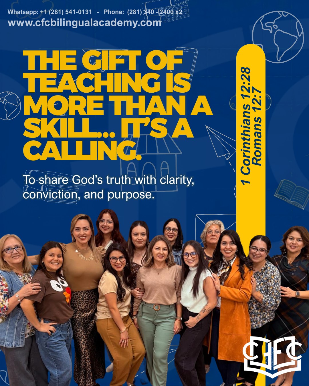 Teaching is more than a skill... itās a calling! šāØ
At CFC Bilingual Academy, our teachers are dedicated to sharing truth with clarity, conviction, and purpose. We don't just educate; we inspire the next generation through faith and excellence.
š Want your child to learn from the best? Spots for our Summer School are filling up fast! Register now at the link in our bio.
Contact us:
š Phone: (281) 340-2400 x2
š¬ Whatsapp: +1 (281) 541-0131
_____________________________________
Ā”EnseƱar es mĆ”s que una habilidad... es un llamado! šāØ
En CFC Bilingual Academy, nuestros maestros se dedican a compartir la verdad con claridad, convicción y propósito. No solo educamos; inspiramos a la próxima generación a través de la fe y la excelencia.
š ĀæQuieres que tu hijo aprenda de los mejores? Ā”Los cupos para nuestra Escuela de Verano se agotan rĆ”pido! RegĆstrate ahora en el enlace de nuestro perfil.
ContƔctanos:
š TelĆ©fono: (281) 340-2400 x2
š¬ Whatsapp: +1 (281) 541-0131