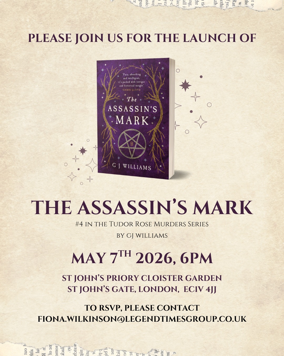 You're invited! 💌
Please join us at the launch of The Assassin's Mark by GJ Williams on May 7th. There will be books and bubbles in a historic location featured in the novel 🥂
#TheAssassinsMark #BookLaunch #GJWilliams #TudorRoseMurdersSeries #HistoricalFiction