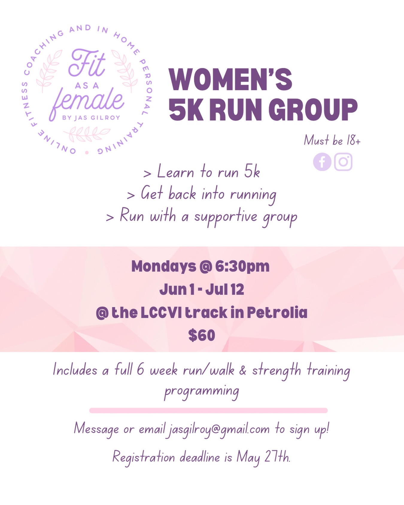 Ready to run your first 5K? Or get back into running with support? 💜
My next round of my 5k run group is open!
It’s genuinely one of the most meaningful programs I coach. Watching women go from feeling unsure to building confidence, improving their endurance, and crossing that finish line together, it never gets old.
This is for you if you:
✨ Want to run your first 5K (even if you’re starting from zero)
✨ Are getting back into running after time off
✨ Want consistency, structure, and accountability
✨ Love the idea of being surrounded by supportive, like-minded women
You’ll get a progressive 6-week training plan, weekly coaching, and a group that understands exactly what you’re working through, from the nerves to the wins.
And one of the best parts… we run on a track. So it truly doesn’t matter how fast or slow you go, you won’t feel left behind and you’ll never feel like you’re holding anyone back.
Everyone moves at their own pace, and you’re supported the whole way 🤍
Whether you’re starting with walking, easing in with run-walk intervals, or already running, you belong here.
If you’ve been thinking about it, take this as your sign.
Message me to snag your spot!