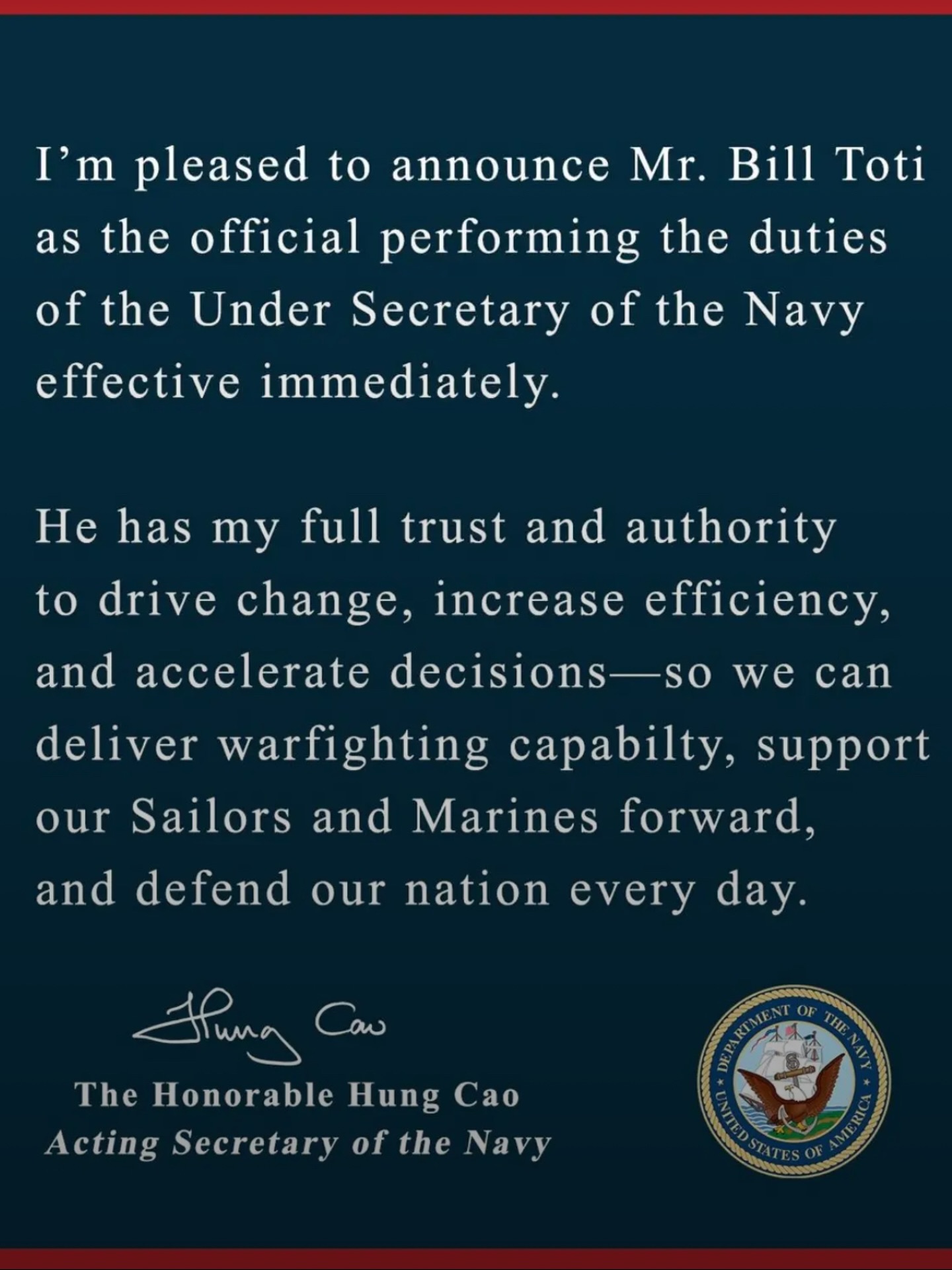 A huge (and well deserved) congratulations to our friend—and honorary USS Indianapolis survivor—Captain @williamtoti , USN (Ret.) 🇺🇸
Toti has been selected to perform the duties of Under Secretary of the Navy, as announced by Hung Cao.
We’re incredibly proud to see his leadership and service recognized in such a meaningful way.
Congrats, Bill! ⚓️
#USSIndianapolis #USNavy #Leadership #Honor #service