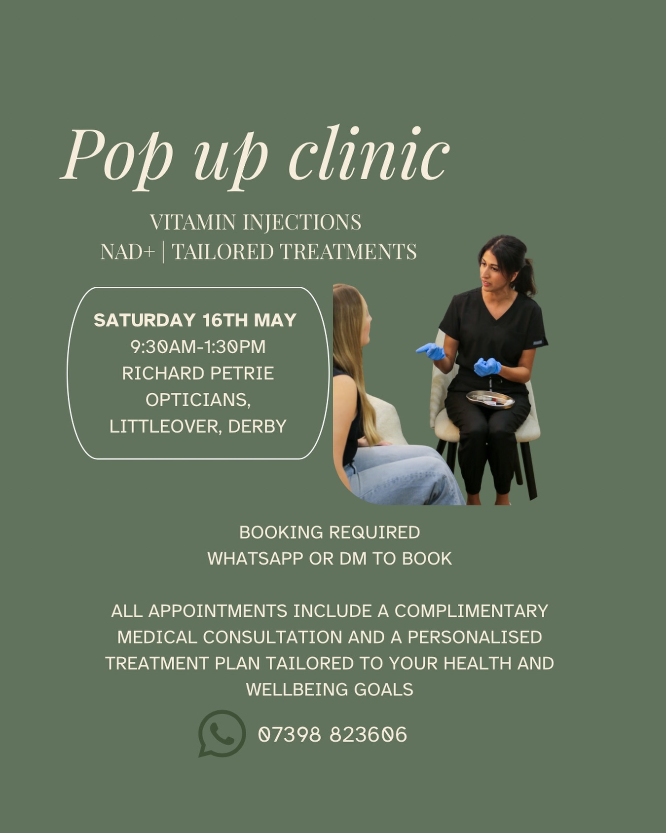Looking forward to being back in Derby ✨
Offering vitamin injections and my first clinic since the launch of our NAD+ - can’t wait to see some of my regulars and hopefully some new faces too!
Here to support you in feeling your best, from the inside out 🤍
📞WhatsApp 07398 823606 or DM to book in or for any questions.
