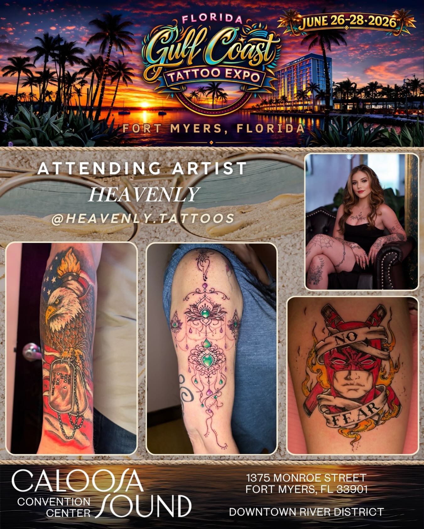 Please help us welcome @heavenly.tattoos to the 2026 @floridagctattooexpo, to be held June 26-28 at the Caloosa Sound Convention Center in the Historic River District of Downtown Ft. Myers, Florida!
✉️ Please DM @heavenly.tattoos for all inquiries about walk-ups and/or appts at the show!
🚨 Over 200 tattoo artists
🚨 Dozens of retail/art/merch & supply vendors
🚨 SWFL’s LARGEST TATTOO CONTEST… judged by Yallzee, Alwin Perez & TattooCasper
🚨 MC Joey Tattoo
🚨 Live music by Smack Daddy: and
🚨 Live sculpting and horror play by the famous Wayne Anderson Designs and his SWFL Haunted Attraction: Legends of Oblivion (hauntedswfl on IG)
🚨 Amazing Food & Libations
🏆🏆 We separate healed and fresh tattoo contests at this show! Healed categories are open!!! Like your piece? Enter it. Artists not tattooing at the show? Cool - send or bring your client!
Kids 12 and under are free, however parental discretion is advised due to language, risqué shows, and possible nudity.
🎟️ Tickets can be purchased on our website. Link in the bio.
⏰Hours: 11am-11pm Friday & Saturday 11am-7pm Sunday
🏨Also, if you would like to Stay & Play for a night or two, the Luminary has extended us an even better group rate starting at $189/night, which is a steal for this normally $350-$600 per night hotel! Reservations can only be made on our website www.floridagctattooexpo.com/hotel
#floridagctattooexpo #swfl #fortmyers #capecoral #tattooed