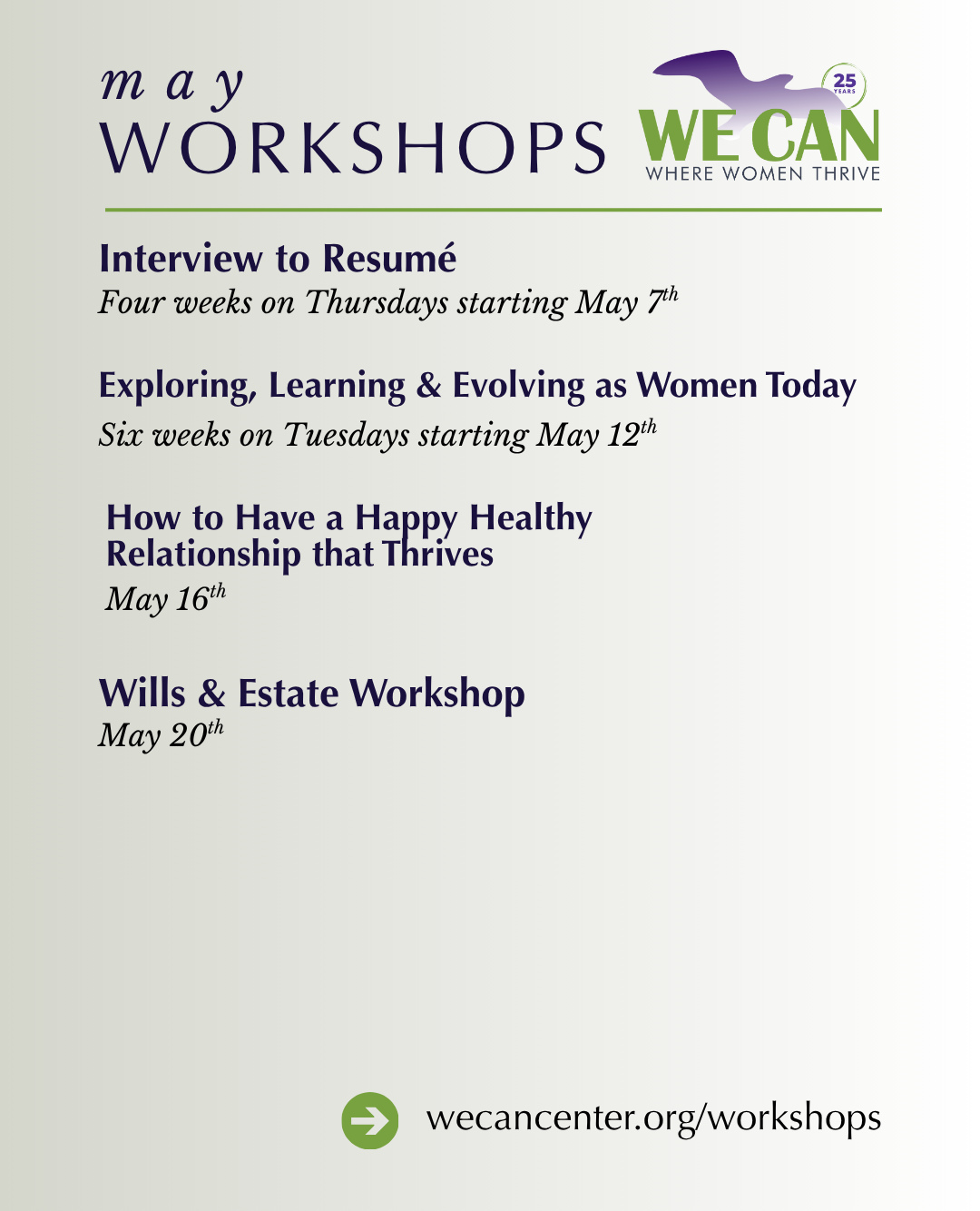 We have a full season of free workshops and they are all for YOU!
Resumes, relationships, legal rights, finances, personal growth. WE CAN volunteers are showing up all spring and summer with real tools and real conversations. Free and open to the community across Cape Cod.
Send this to someone who wants to be thriving!
📧 kimberly@wecancenter.org · 📞 508-430-8111