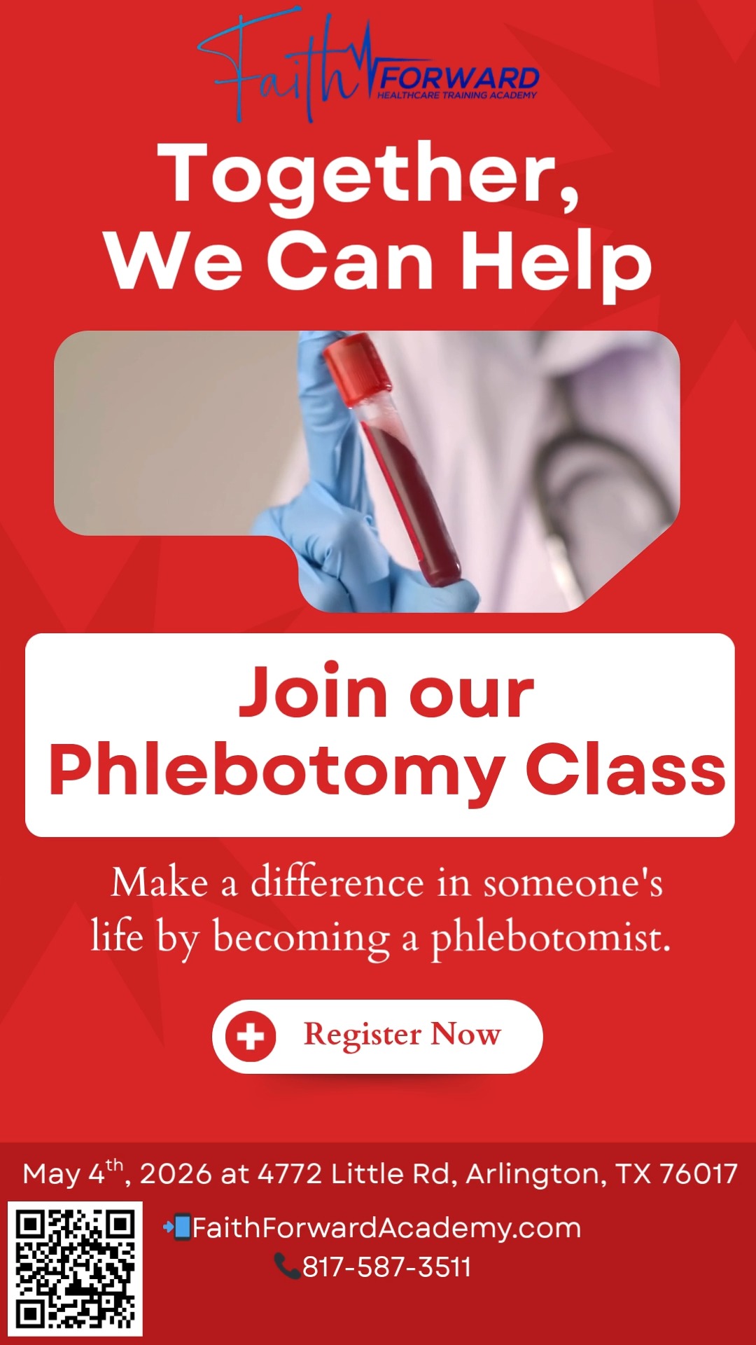 🩸✨ ARLINGTON — PHLEBOTOMY CLASS ENROLLMENT NOW OPEN! ✨🩸
Ready to add an in-demand skill to your healthcare career? Our next Phlebotomy Program is starting soon — and you don’t want to miss this one 👀
📅 Start Date: May 4th
📍 Location: Arlington Campus
💥 LIMITED-TIME PERK:
🎓 Faith Forward graduates receive 50% OFF tuition!
This is your chance to level up FAST with hands-on training, real-world skills, and a direct path into the medical field 💪
💉 Learn blood draw techniques
💙 Train with experienced instructors
🚀 Get career-ready in weeks
⚠️ Must enroll BEFORE May 4th !
📞 Call (817) 587-3511
🌐 faithforwardacademy.com
📩 DM us to secure your spot today!
Your next certification starts here 🩸✨
#PhlebotomyTraining #PhlebotomyClass #HealthcareCareer #MedicalField #HealthcareStudents #AlliedHealth #CareerUpgrade #HandsOnTraining #ArlingtonTX #DFWHealthcare #EnrollNow #FaithForwardAcademy