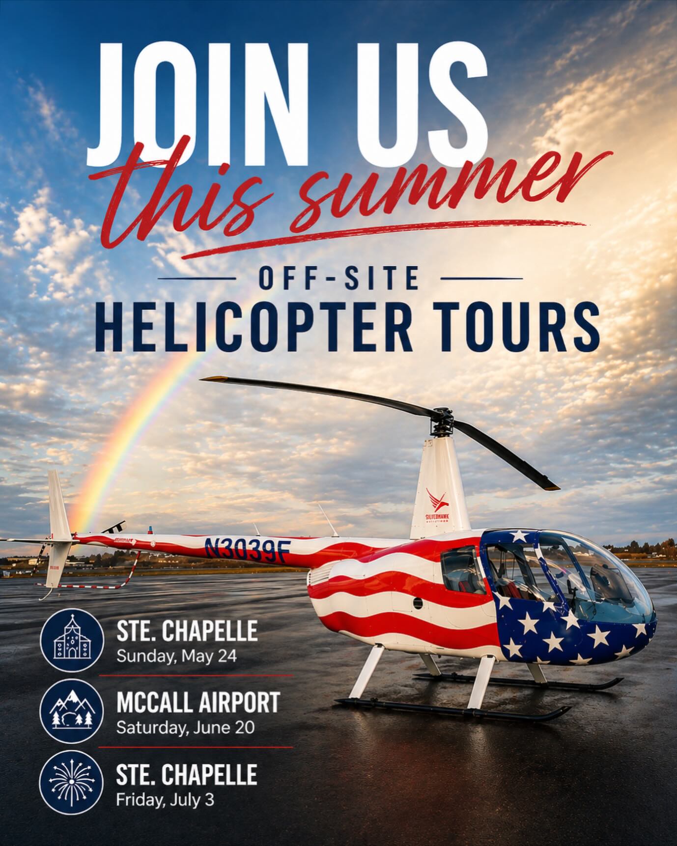 We have three off-site helicopter tour days lined up this summer 🚁
Come visit us for new views, short tour options, and lower rates!
As always: weight limits apply, spots are limited, and flights are weather dependent ☀️