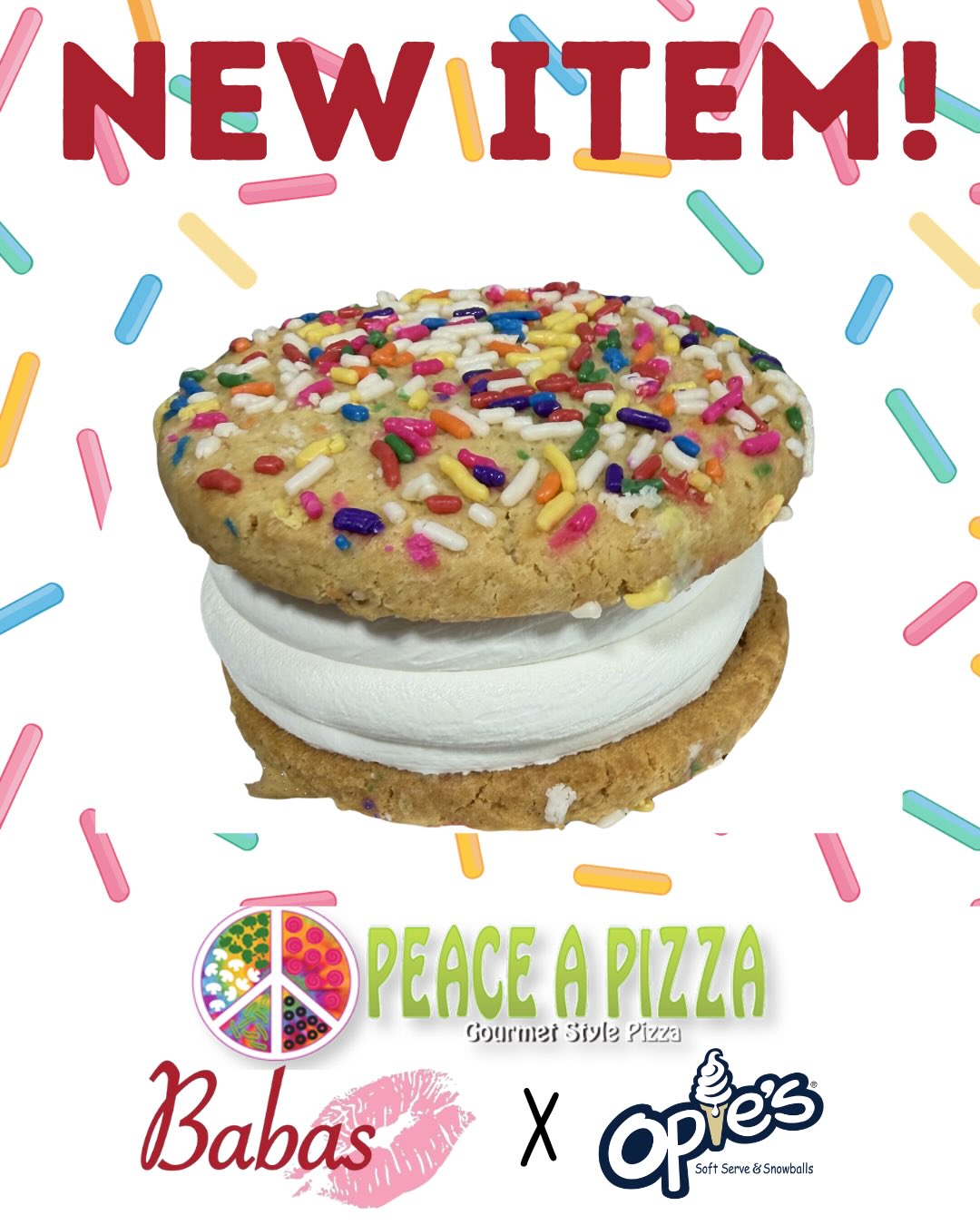 Introducing the newest item! We teamed up with two local favorites - Peace A Pizza and Baba’s to create the ultimate ice cream sandwich! 🍪 🍦
Sugar Cookie with rainbow sprinkles and vanilla soft serve! Talk about mouthwatering!
This is a must-try and perfect to take home, keep in your freezer, and enjoy whenever you’re craving something sweet.
Support local and treat yourself!