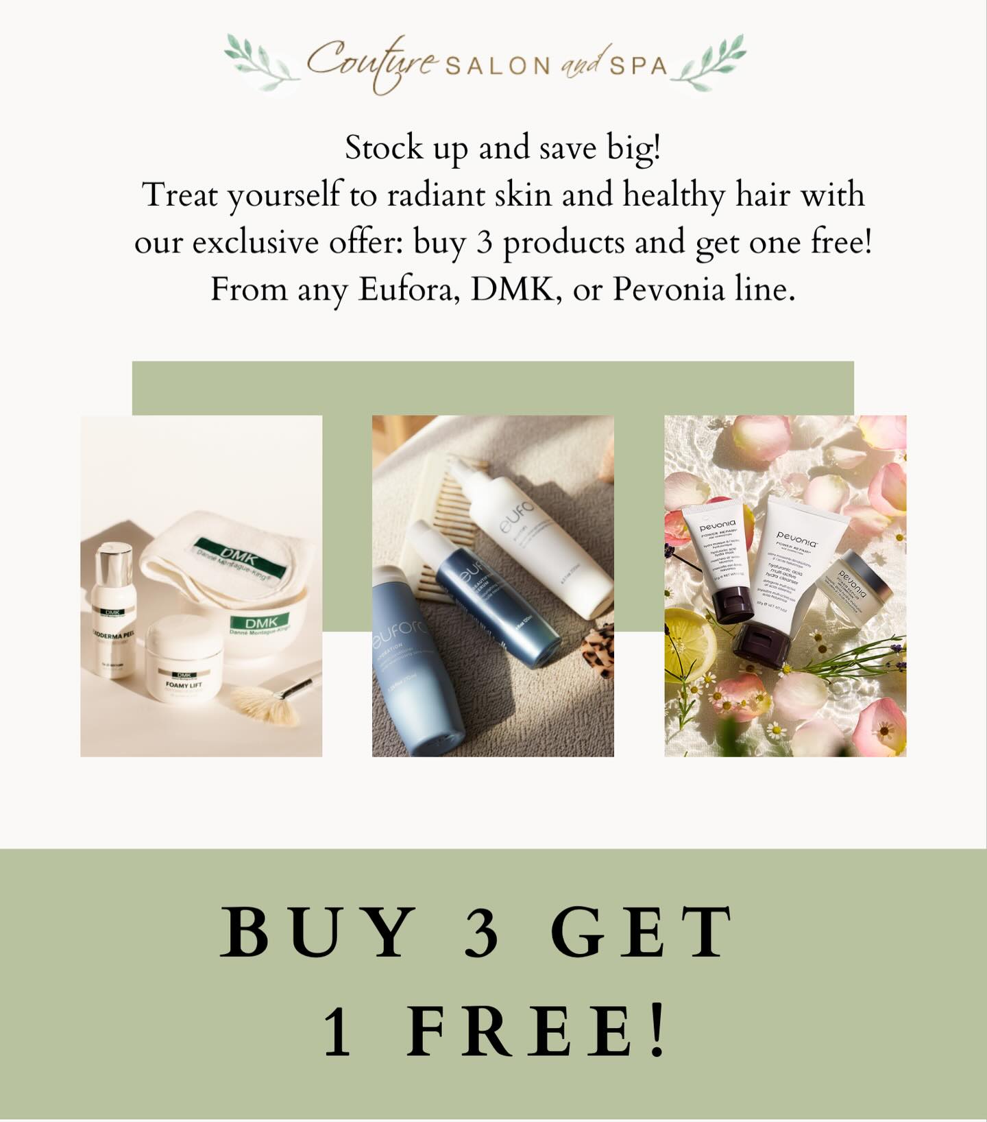 May just got a whole lot better ✨
For the entire month, enjoy our **Buy 3, Get 1 FREE** promotion on some of your favorite skincare and haircare essentials including Eufora, Pevonia, and DMK 💆♀️🌿
This is the perfect time to stock up, refresh your routine, or finally try those products you’ve been eyeing. Whether you’re focused on glowing skin or healthy, nourished hair, we’ve got you covered.
Don’t miss out this special is only here for the month of May! Stop by or message us to reserve your favorites before they’re gone 💖