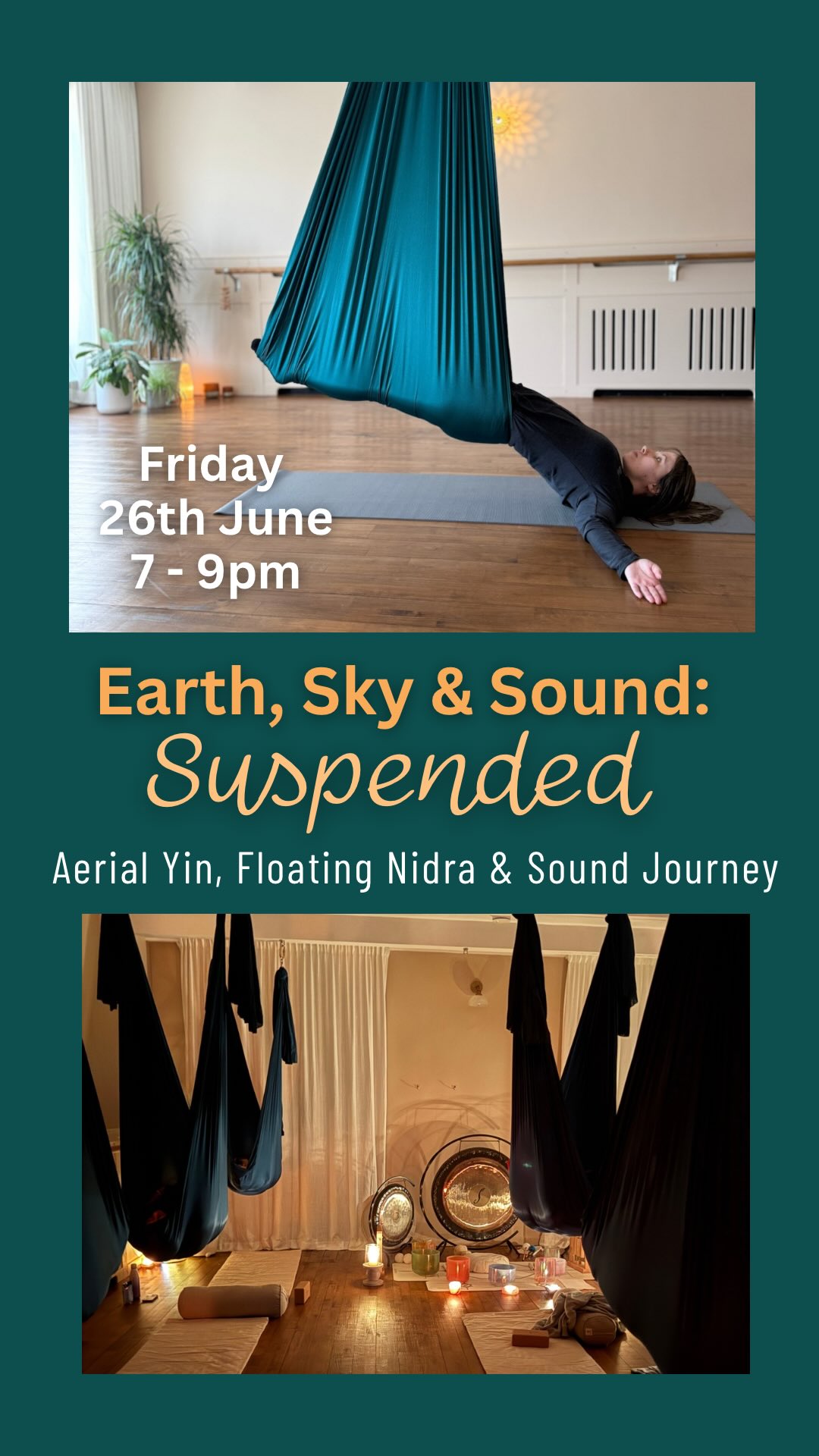Imagine an evening that invites you into a quieter, softer way of being. 💛
A space to step away from the noise of the week and be gently held — by the practice, by the breath, and now, by the air itself.
Starting with a deeply nourishing aerial yin practice. The hammock becomes your support, your cocoon — helping you release tension, decompress the joints, and create space through the connective tissues while encouraging the smooth flow of energy throughout the body.
From here, you’ll transition seamlessly into your suspended rest — cocooned in the hammock for a deeply immersive yoga nidra and sound experience. As you float between earth and sky, layers of therapeutic sound — crystal singing bowls, gongs, and gentle instruments — will wash over you, guiding you into profound relaxation.
This is where the body unwinds, the mind quietens, and the nervous system resets.
A totally unique experience.
✨Earth Sky and Sound Suspended
✨Friday 26th June 7-9pm