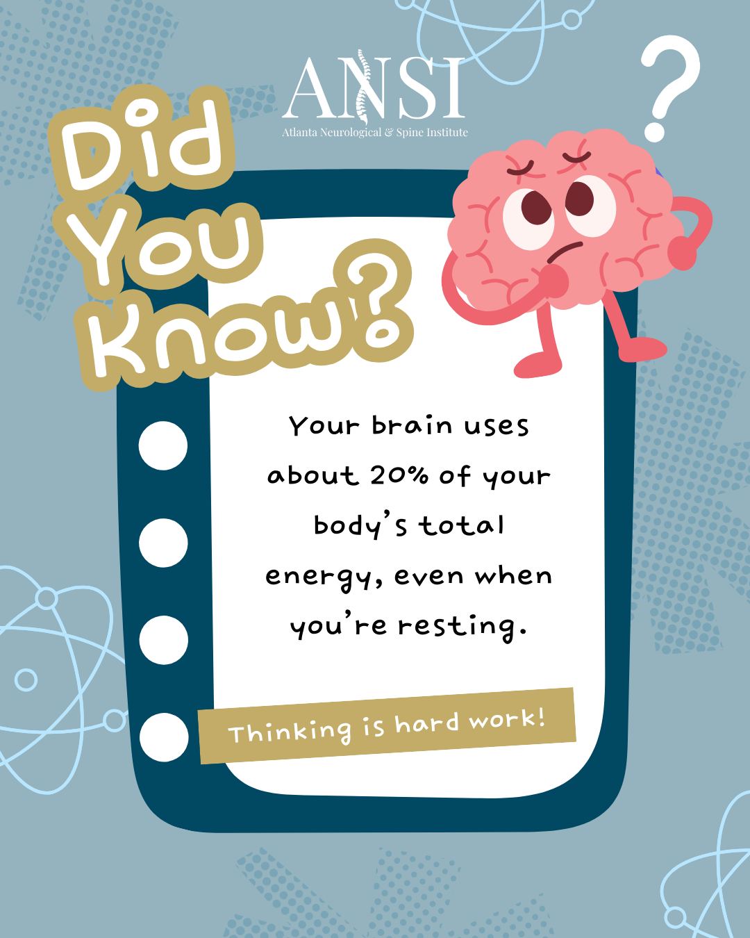 Did you know your brain uses nearly 20% of your body’s total energy — even though it only makes up about 2% of your body weight?
That’s because your brain is constantly working: regulating breathing, coordinating movement, processing thoughts, and managing every function that keeps you going.
Supporting brain health through proper sleep, hydration, nutrition, and medical care is essential at every stage of life.
#BrainHealth #Neurology #DidYouKnow #ANSI #ANSISpineExperts