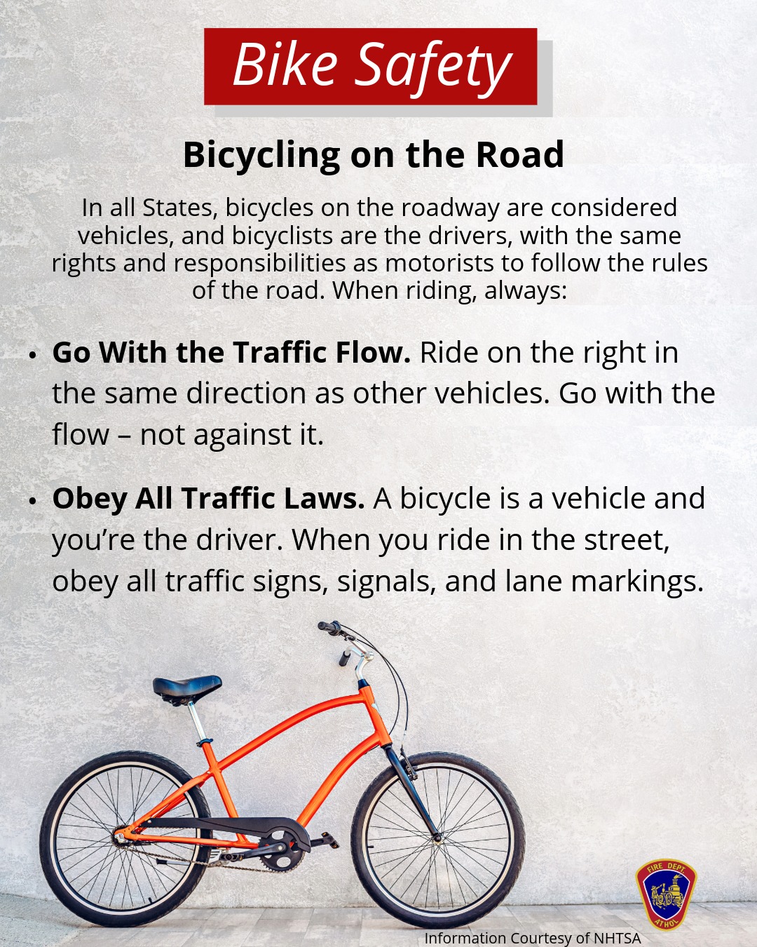 Today is Bike to School Day. Please remember these road rules as you bike to school.
#AtholFire #biketoschool #bikesafety