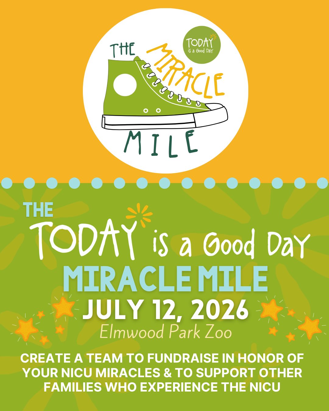 Team sign-ups for the 2026 Miracle Mile are open! A perfect way to honor your NICU miracles and have all your friends and family join in on the fun. 💚
Simply create a team to begin fundraising. Then, lace up your sneakers and join us on July 12th at the newly-renovated Elmwood Park Zoo where we will walk The Miracle Mile together. 🦒
This year's incentives include:
👕race t-shirts designed by a NICU Miracle
🦒giraffe feeding tix for the whole fam
🚸a sign with your team name to show off on walk day
👨👩👦a large banner with your team name and photos to show off on walk day
🍌a dedicated refreshment area for your team to relax after the walk
👉Visit this link to create your team, or to donate to an existing one:
🔗https://secure.qgiv.com/event/miraclemile2026/
#nicutoday #nicugrads #TIAGDmiraclemile